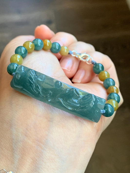 Natural Guatemalan Icy Translucent Dusty Teal Blue Jadeite Shan Shui Cuff Blue & Yellow Jadeite Beads Beaded Bracelet 6.5” 19g 天然冰危蓝翡翠山水牌手串