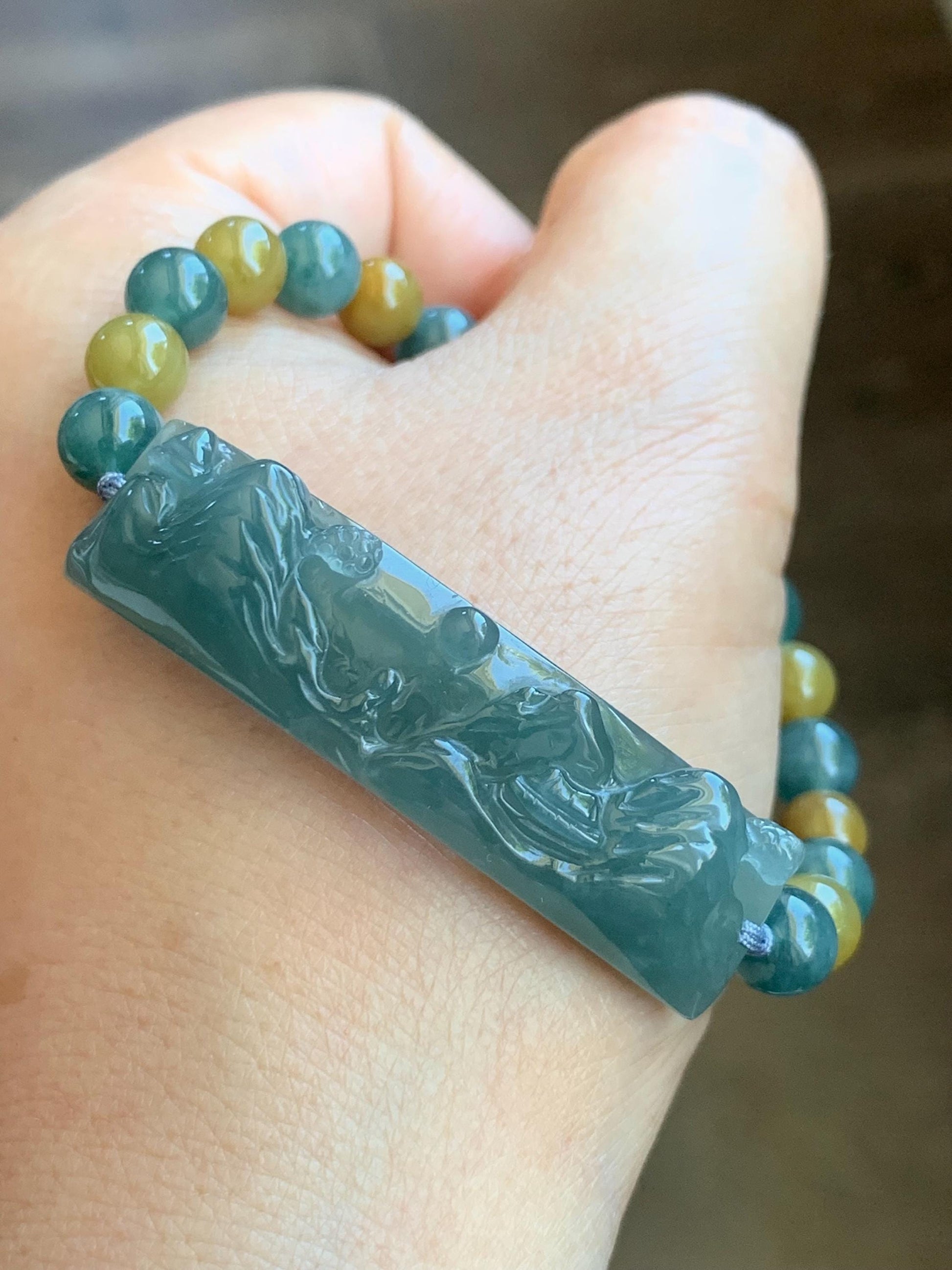 Natural Guatemalan Icy Translucent Dusty Teal Blue Jadeite Shan Shui Cuff Blue & Yellow Jadeite Beads Beaded Bracelet 6.5” 19g 天然冰危蓝翡翠山水牌手串