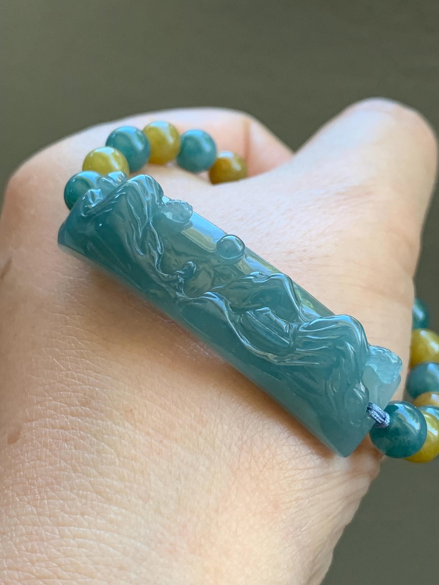 Natural Guatemalan Icy Translucent Dusty Teal Blue Jadeite Shan Shui Cuff Blue & Yellow Jadeite Beads Beaded Bracelet 6.5” 19g 天然冰危蓝翡翠山水牌手串