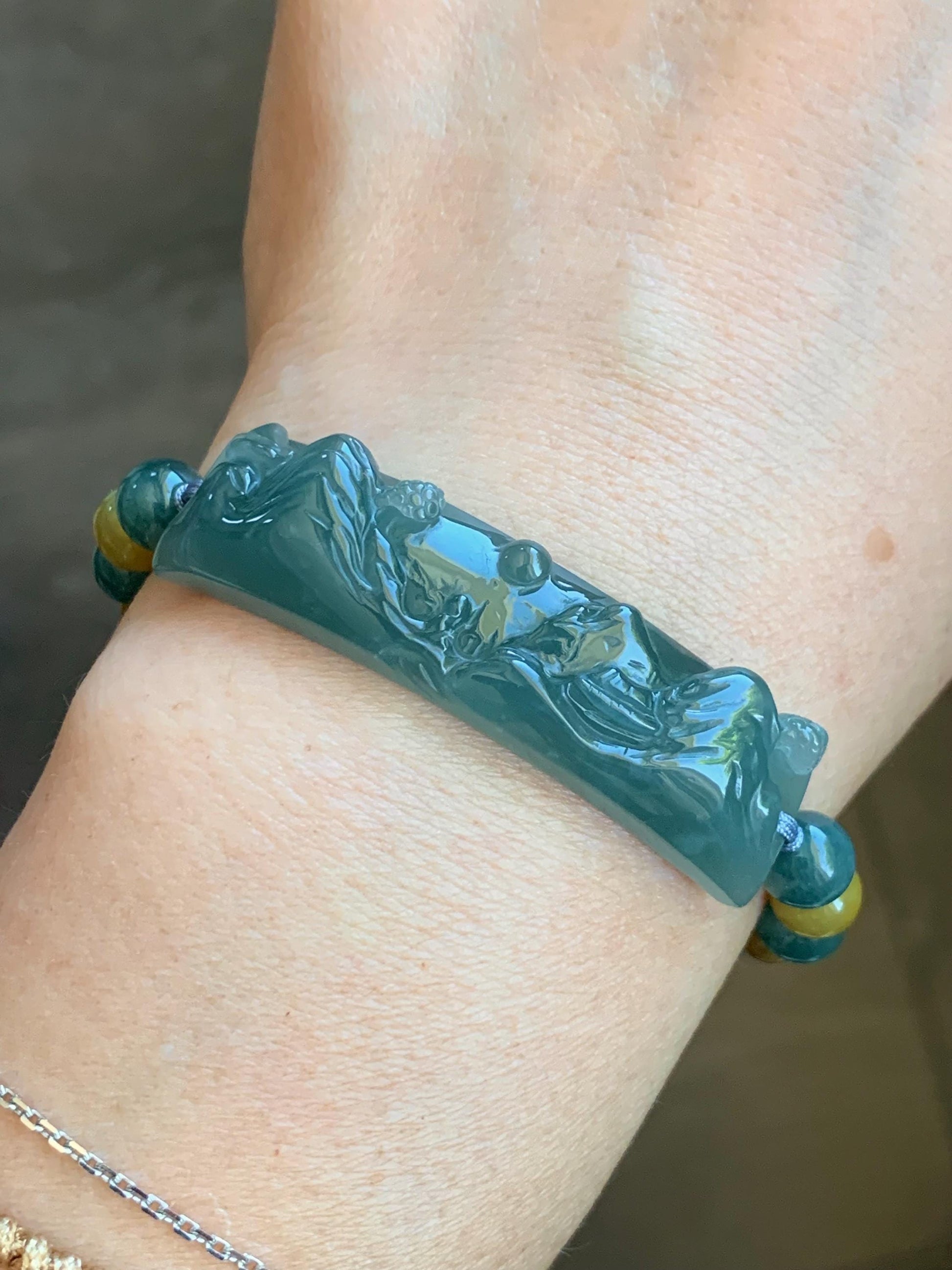 Natural Guatemalan Icy Translucent Dusty Teal Blue Jadeite Shan Shui Cuff Blue & Yellow Jadeite Beads Beaded Bracelet 6.5” 19g 天然冰危蓝翡翠山水牌手串