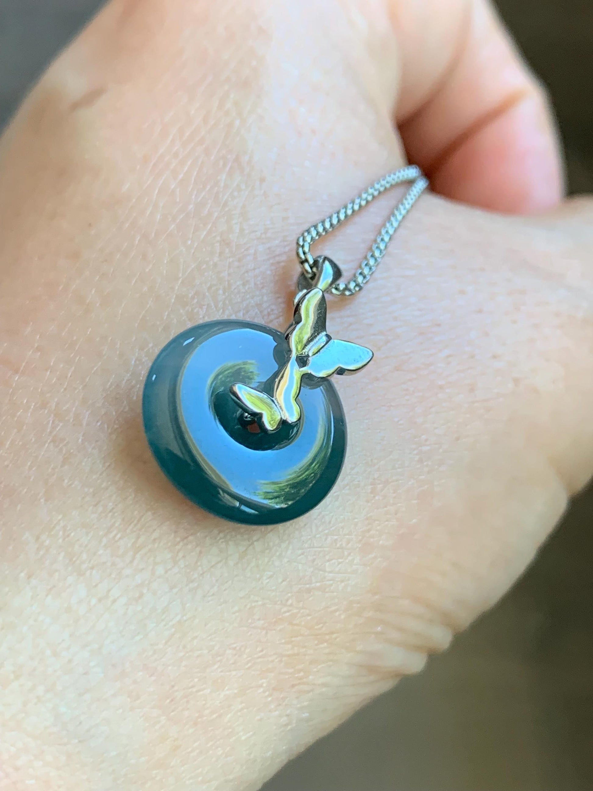 Natural Guatemalan Icy Translucent Bicolored Blue Jadeite Ping An Kou Donut Pendant Butterfly Silver Sterling 天然老种冰危蓝紫双色翡翠平安扣蝴蝶款吊坠 HDQA
