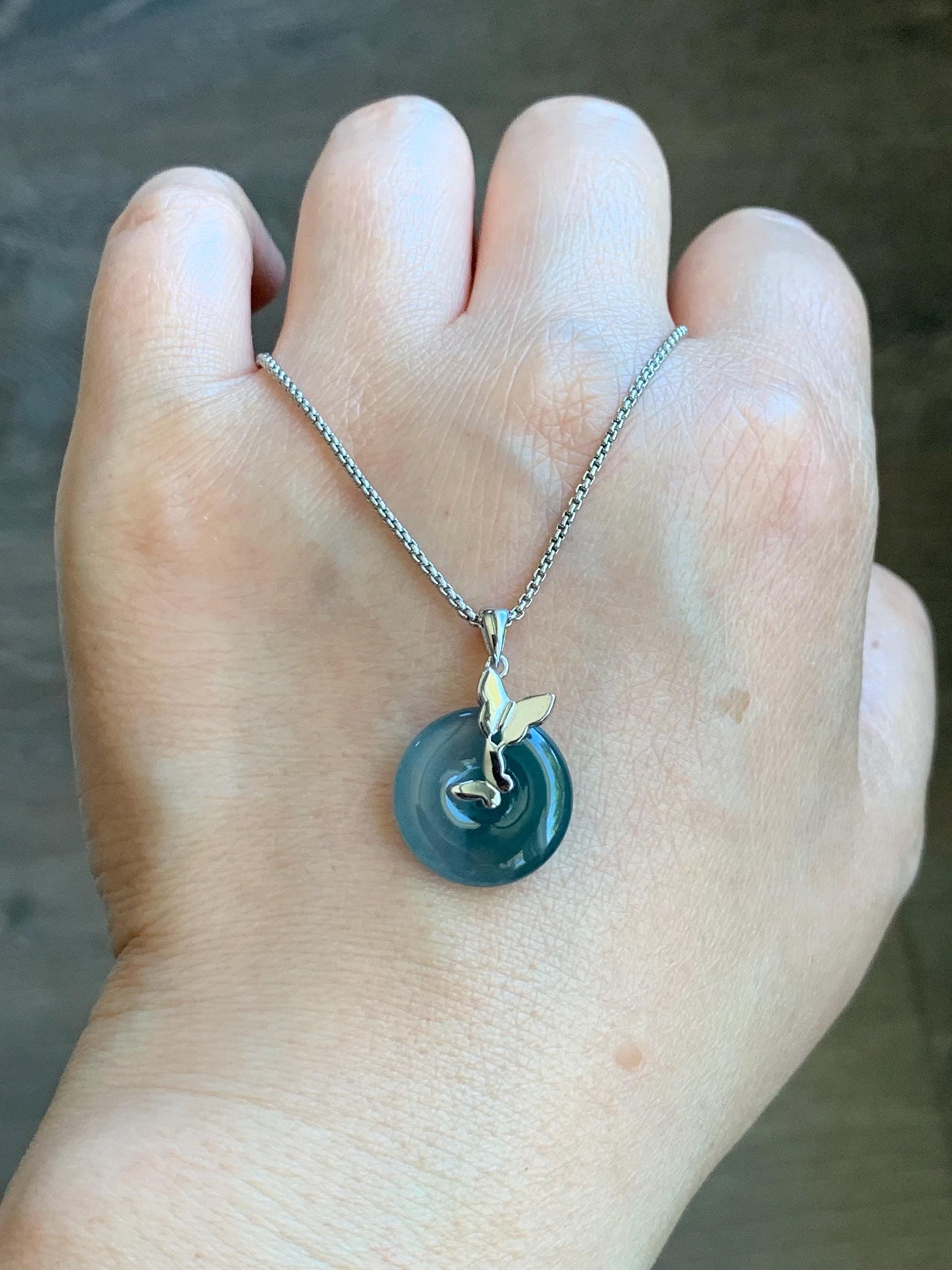 Natural Guatemalan Icy Translucent Bicolored Blue Jadeite Ping An Kou Donut Pendant Butterfly Silver Sterling 天然老种冰危蓝紫双色翡翠平安扣蝴蝶款吊坠 HDQA