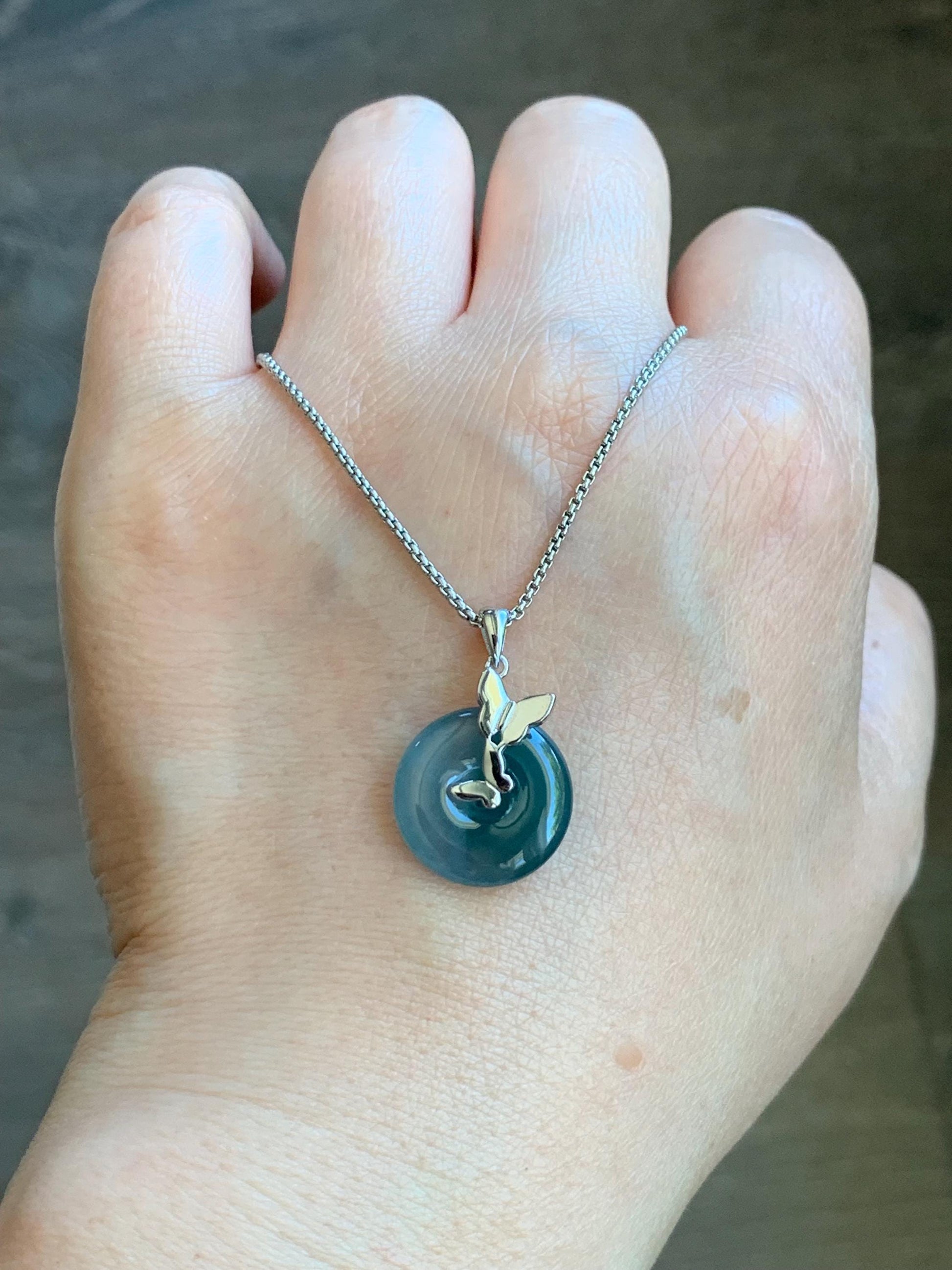 Natural Guatemalan Icy Translucent Bicolored Blue Jadeite Ping An Kou Donut Pendant Butterfly Silver Sterling 天然老种冰危蓝紫双色翡翠平安扣蝴蝶款吊坠 HDQA