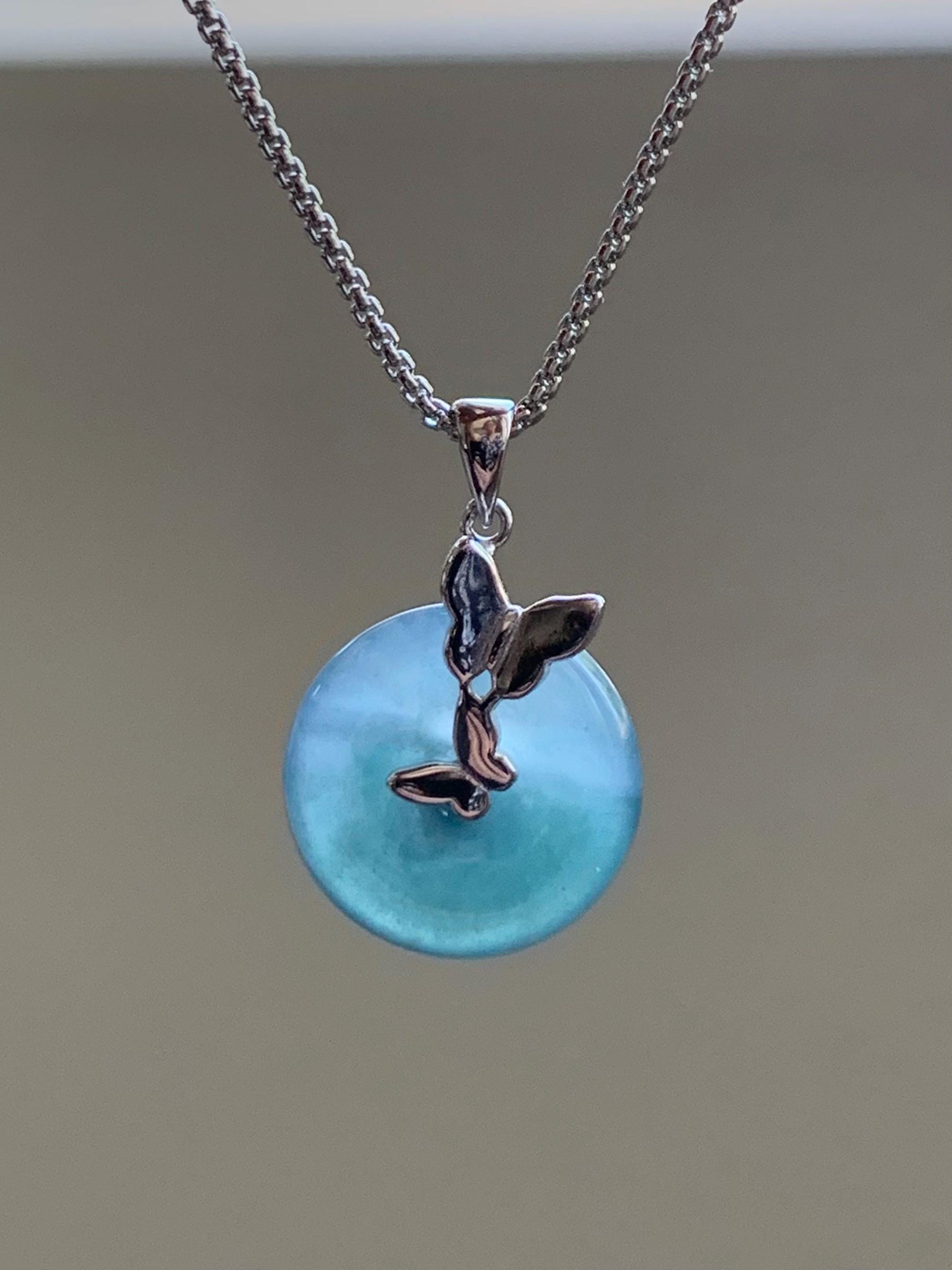 Natural Guatemalan Icy Translucent Bicolored Blue Jadeite Ping An Kou Donut Pendant Butterfly Silver Sterling 天然老种冰危蓝紫双色翡翠平安扣蝴蝶款吊坠 HDQA