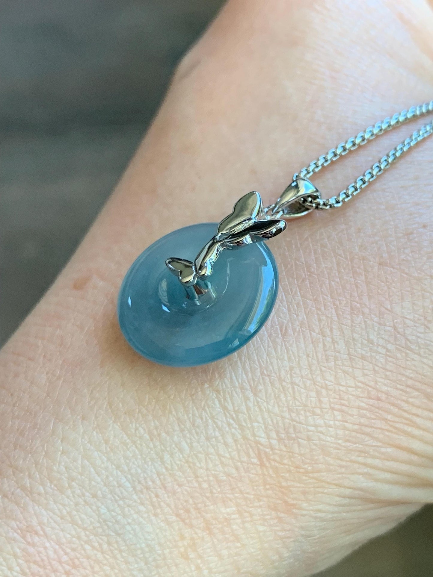 Natural Guatemalan Icy Translucent Bicolored Dusty Blue Jadeite Ping An Kou Donut Pendant Butterfly Silver Sterling 天然老种冰危蓝翡翠平安扣蝴蝶款吊坠 HDQB