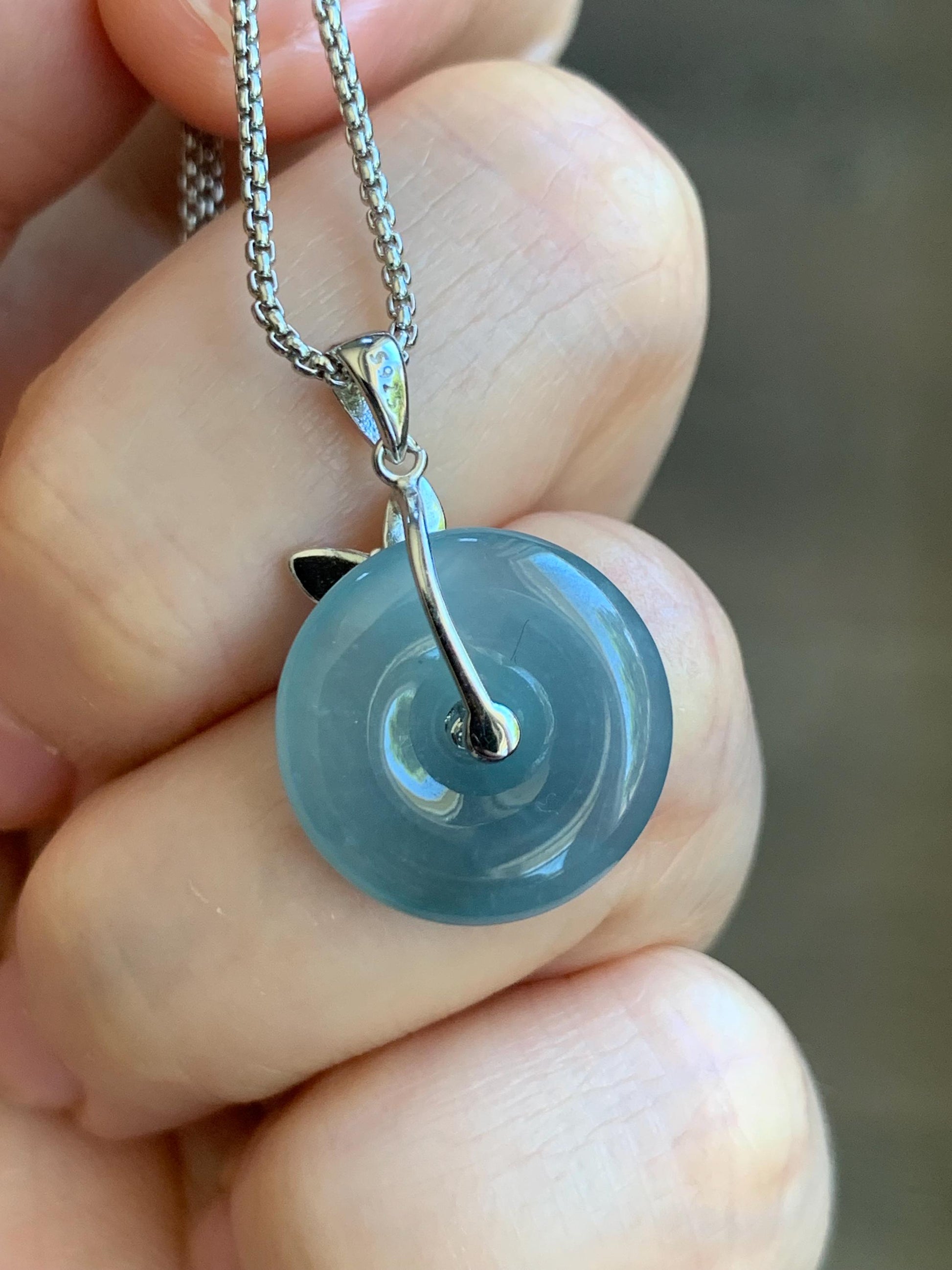 Natural Guatemalan Icy Translucent Bicolored Dusty Blue Jadeite Ping An Kou Donut Pendant Butterfly Silver Sterling 天然老种冰危蓝翡翠平安扣蝴蝶款吊坠 HDQB