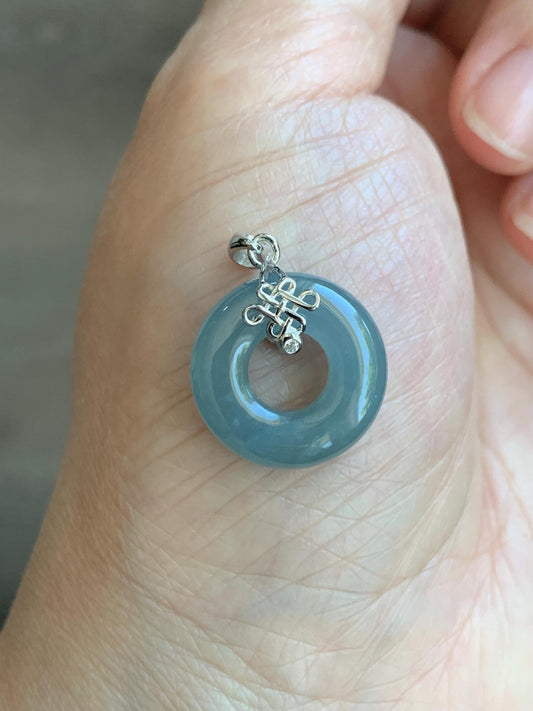 Natural Guatemalan Icy Translucent Gelatinous Light Dusty Blue Jadeite Ping An Kou Donut Pendant Silver Sterling 天然老种冰危淡蓝翡翠甜甜圈吊坠 TTQB27