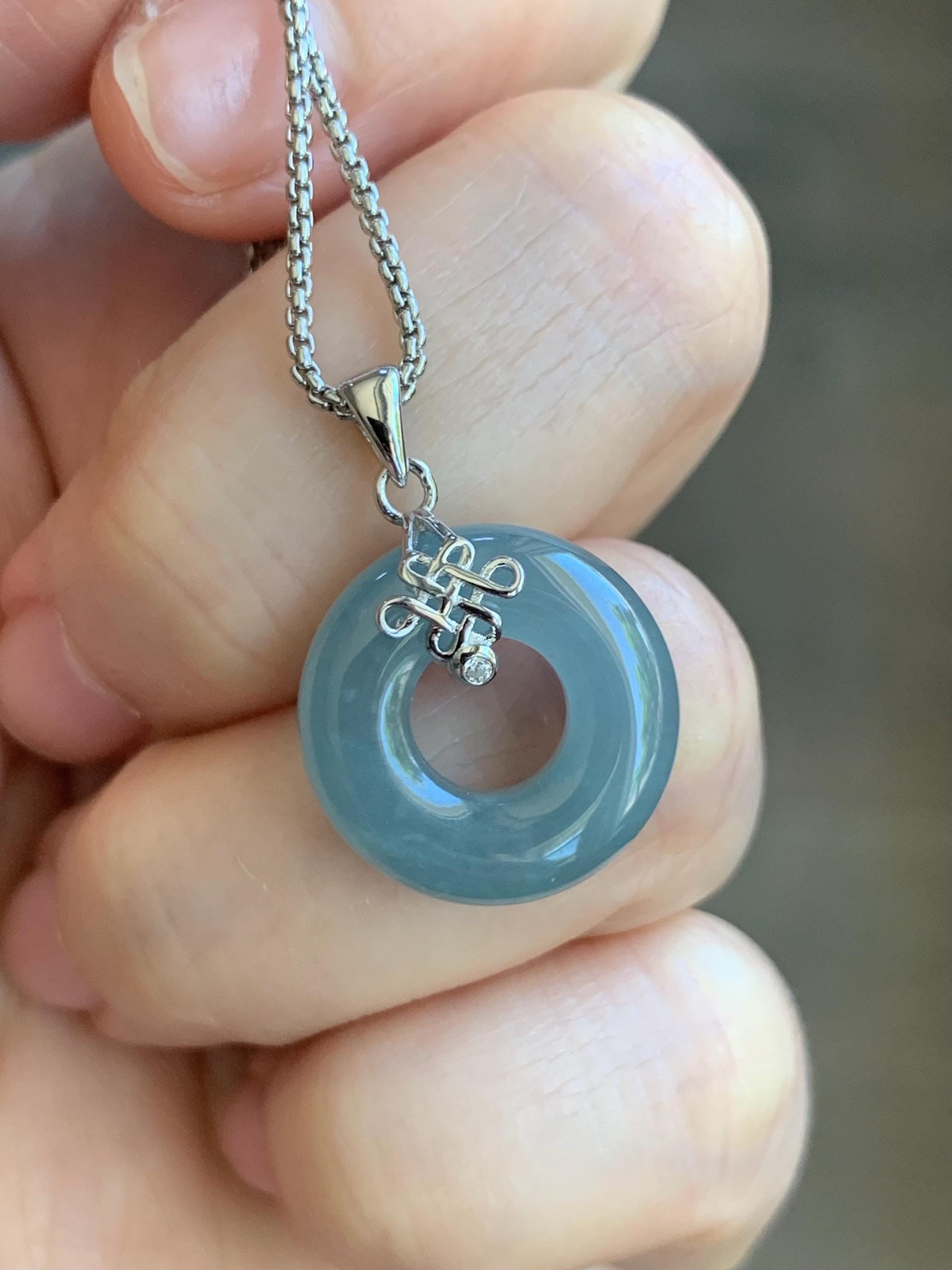 Natural Guatemalan Icy Translucent Gelatinous Light Dusty Blue Jadeite Ping An Kou Donut Pendant Silver Sterling 天然老种冰危淡蓝翡翠甜甜圈吊坠 TTQB27