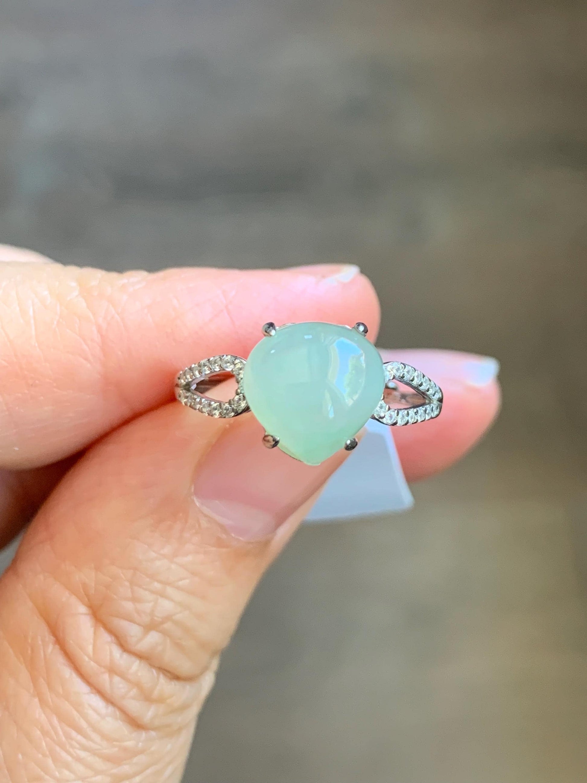 Natural Burmese Icy Translucent Gelatinous Light Green Jadeite Teardrop Cabochon Ring Sterling Silver Size Adjustable 天然缅甸老种冰胶晴底翡翠银镶戒指 MAXQ