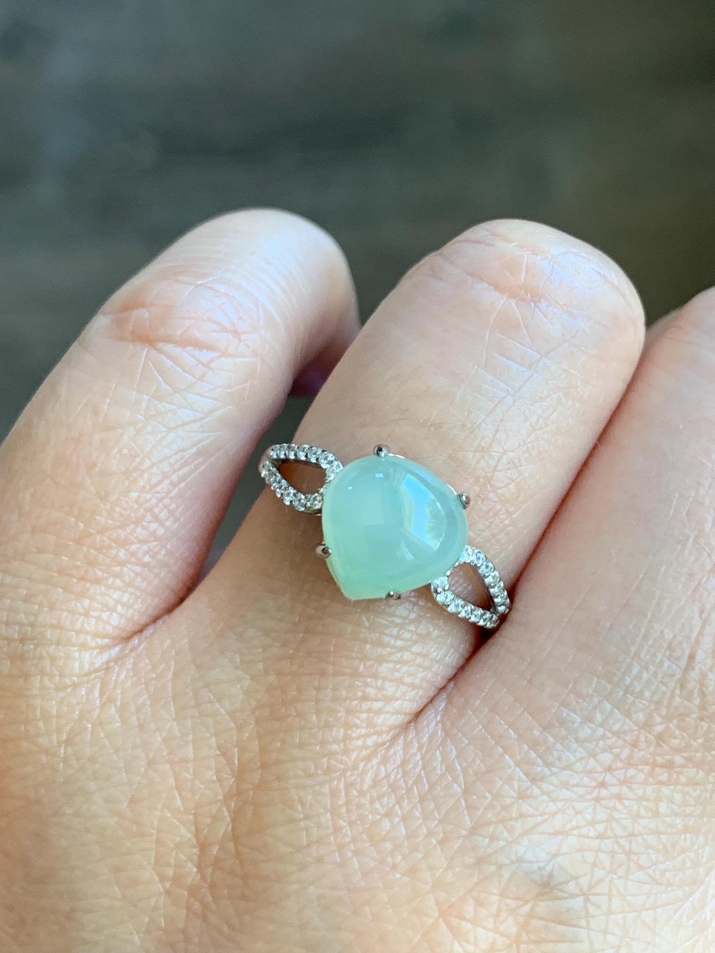Natural Burmese Icy Translucent Gelatinous Light Green Jadeite Teardrop Cabochon Ring Sterling Silver Size Adjustable 天然缅甸老种冰胶晴底翡翠银镶戒指 MAXQ