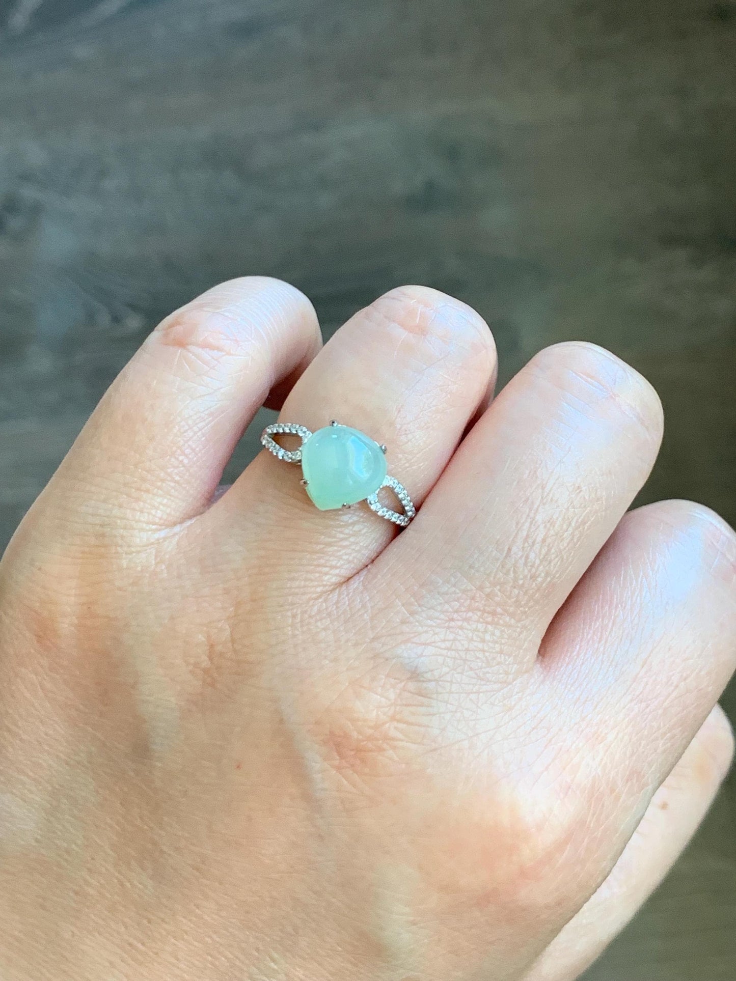 Natural Burmese Icy Translucent Gelatinous Light Green Jadeite Teardrop Cabochon Ring Sterling Silver Size Adjustable 天然缅甸老种冰胶晴底翡翠银镶戒指 MAXQ