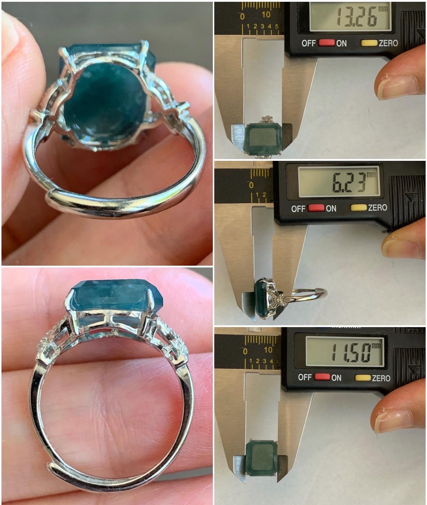 Large Natural Guatemalan Icy Translucent Dark Teal Blue Jadeite Faceted Emerald Cut Ring Sterling Silver Adjustable 天然冰危深蓝切割面翡翠银镶戒指 WQG80A