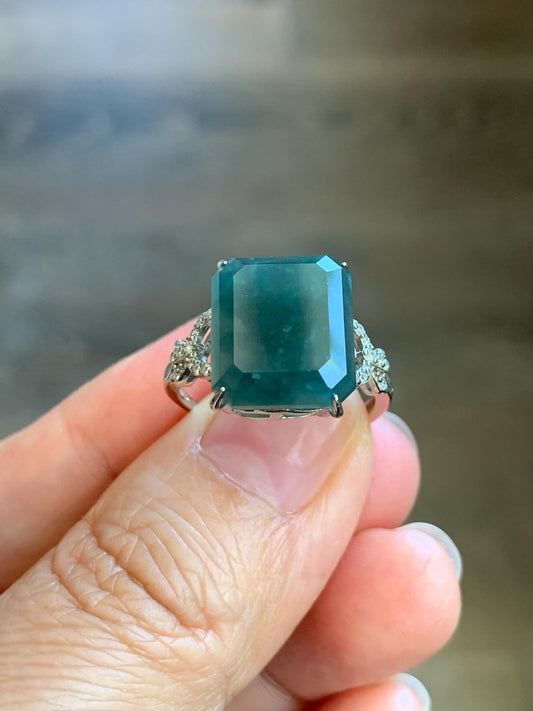 Large Natural Guatemalan Icy Translucent Dark Teal Blue Jadeite Faceted Emerald Cut Ring Sterling Silver Adjustable 天然冰危深蓝切割面翡翠银镶戒指 WQG80A