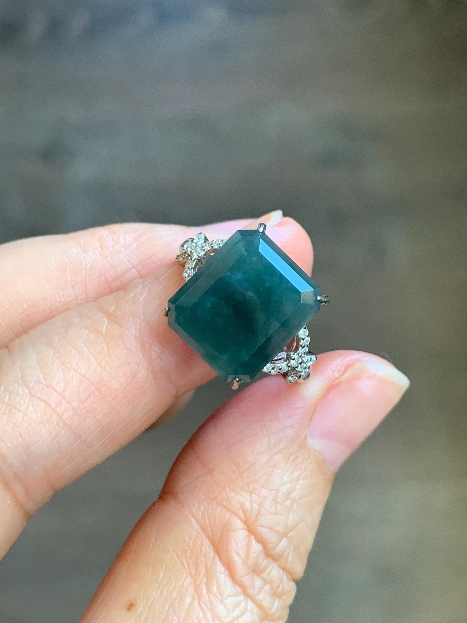 Large Natural Guatemalan Icy Translucent Dark Teal Blue Jadeite Faceted Emerald Cut Ring Sterling Silver Adjustable 天然冰危深蓝切割面翡翠银镶戒指 WQG80A