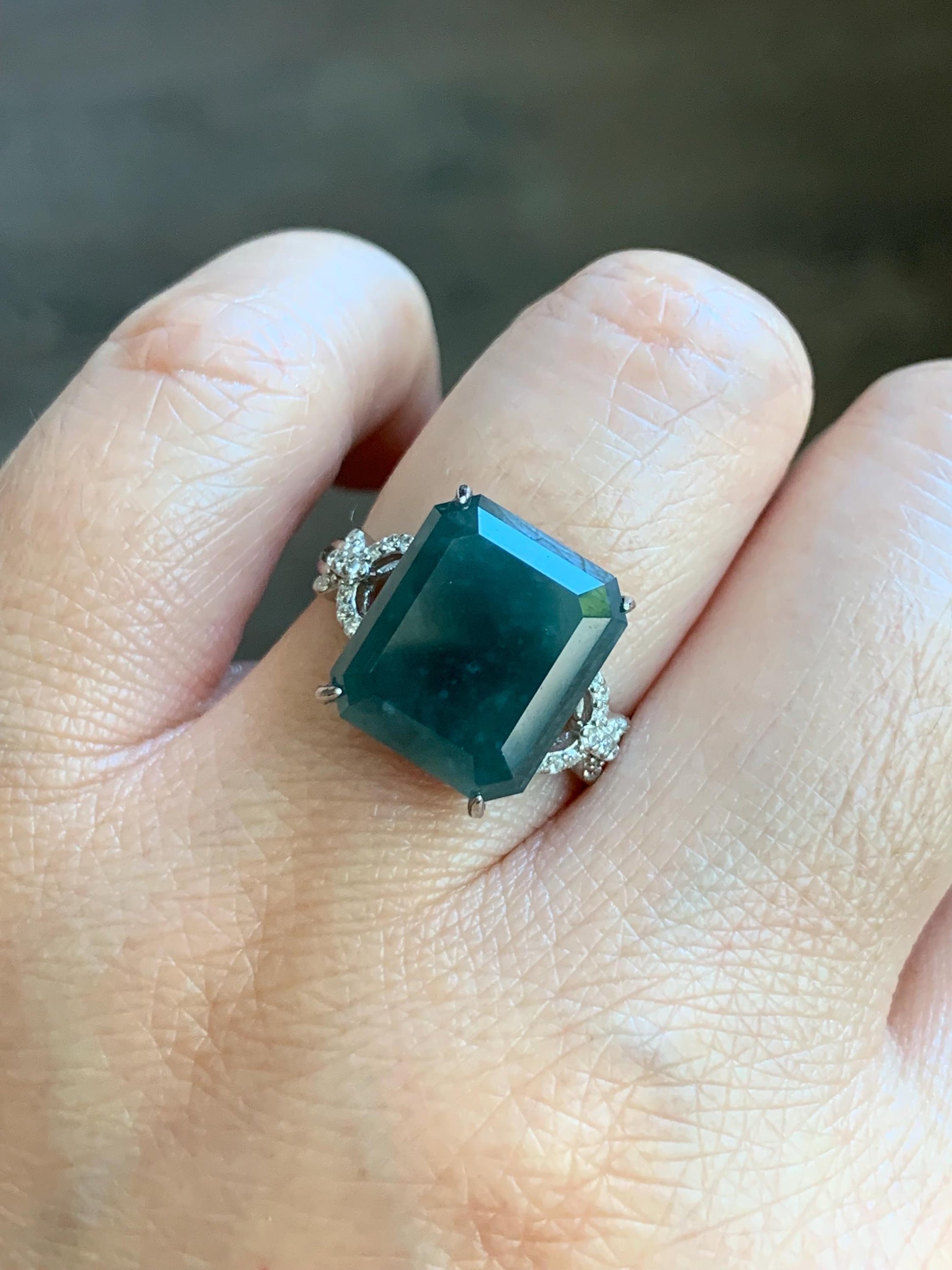 Large Natural Guatemalan Icy Translucent Dark Teal Blue Jadeite Faceted Emerald Cut Ring Sterling Silver Adjustable 天然冰危深蓝切割面翡翠银镶戒指 WQG80A