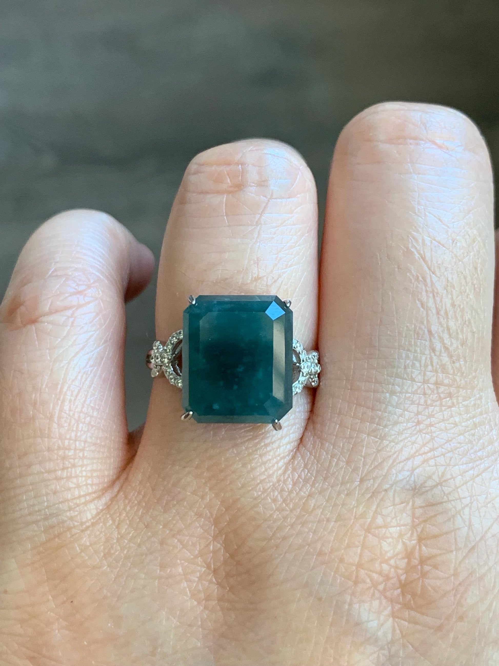 Large Natural Guatemalan Icy Translucent Dark Teal Blue Jadeite Faceted Emerald Cut Ring Sterling Silver Adjustable 天然冰危深蓝切割面翡翠银镶戒指 WQG80A