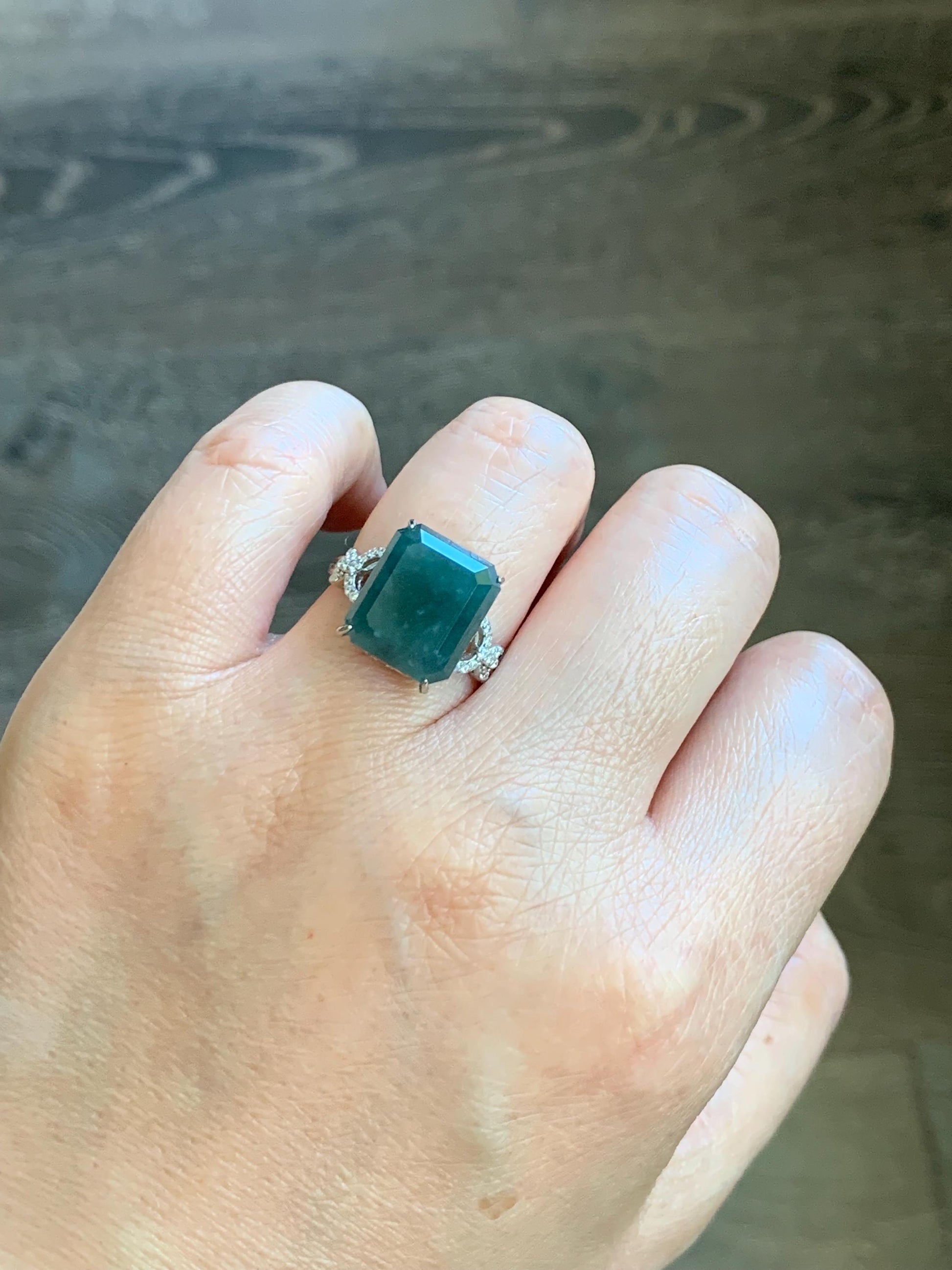 Large Natural Guatemalan Icy Translucent Dark Teal Blue Jadeite Faceted Emerald Cut Ring Sterling Silver Adjustable 天然冰危深蓝切割面翡翠银镶戒指 WQG80A