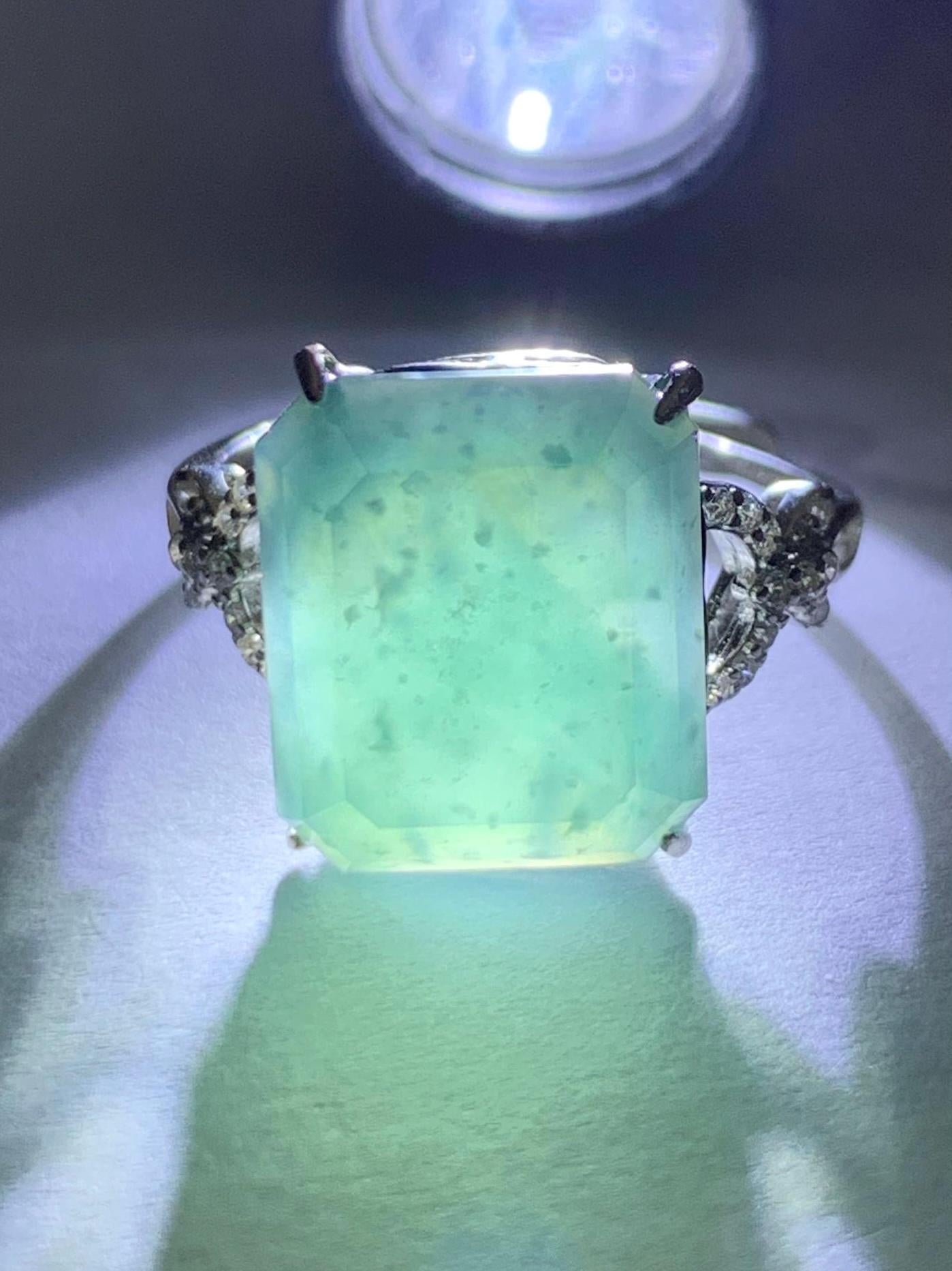 Large Natural Guatemalan Icy Translucent Dark Teal Blue Jadeite Faceted Emerald Cut Ring Sterling Silver Adjustable 天然冰危深蓝切割面翡翠银镶戒指 WQG80A