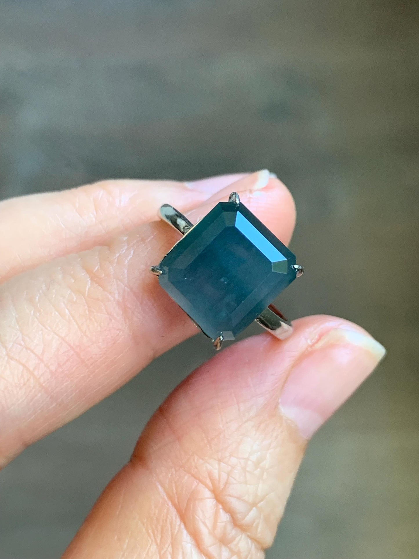 Large Natural Guatemalan Icy Translucent Dark Dusty Blue Jadeite Faceted Emerald Cut Ring Sterling Silver Adjustable 天然冰危深蓝切割面翡翠银镶戒指 WQG80B