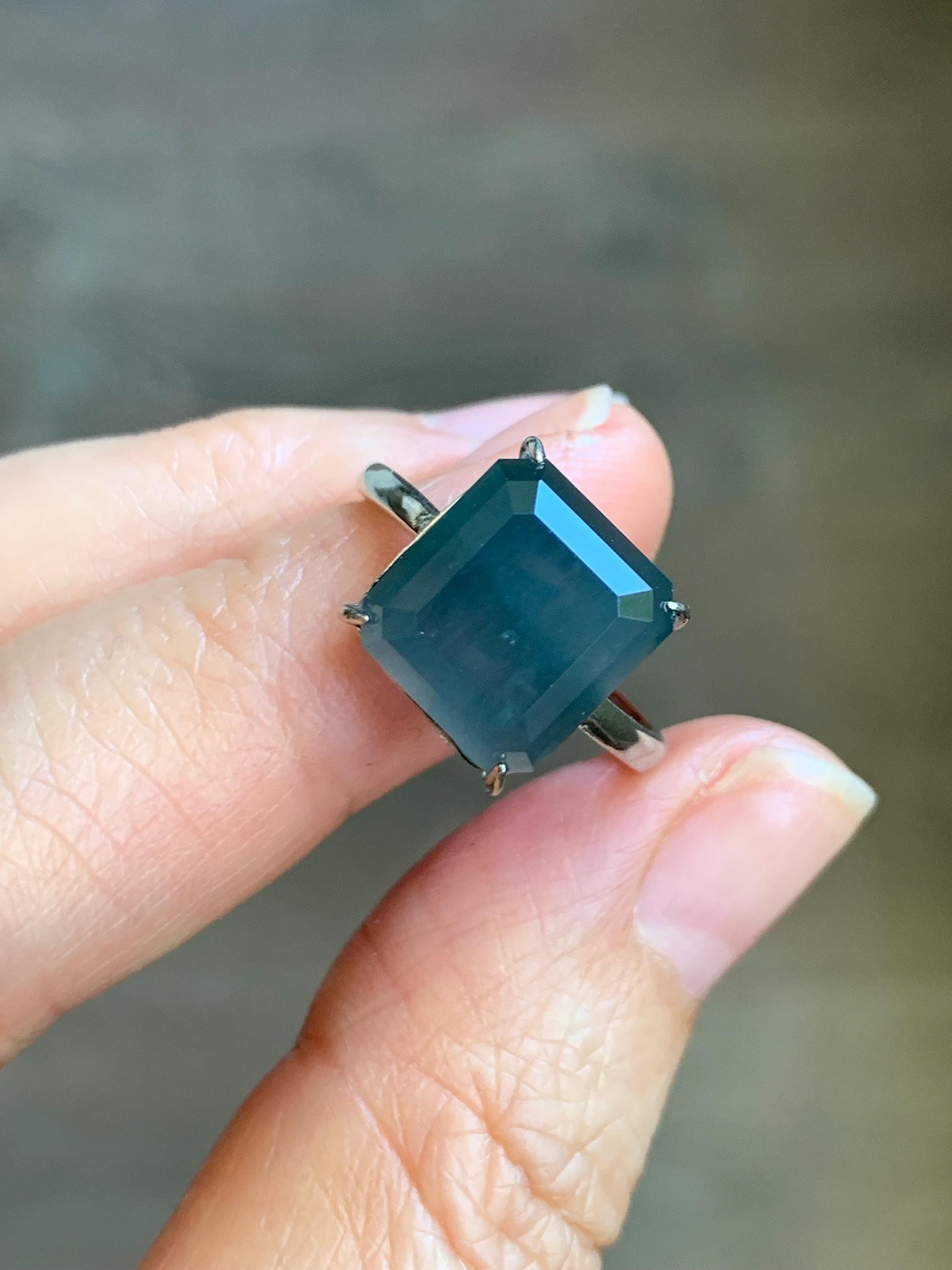 Large Natural Guatemalan Icy Translucent Dark Dusty Blue Jadeite Faceted Emerald Cut Ring Sterling Silver Adjustable 天然冰危深蓝切割面翡翠银镶戒指 WQG80B