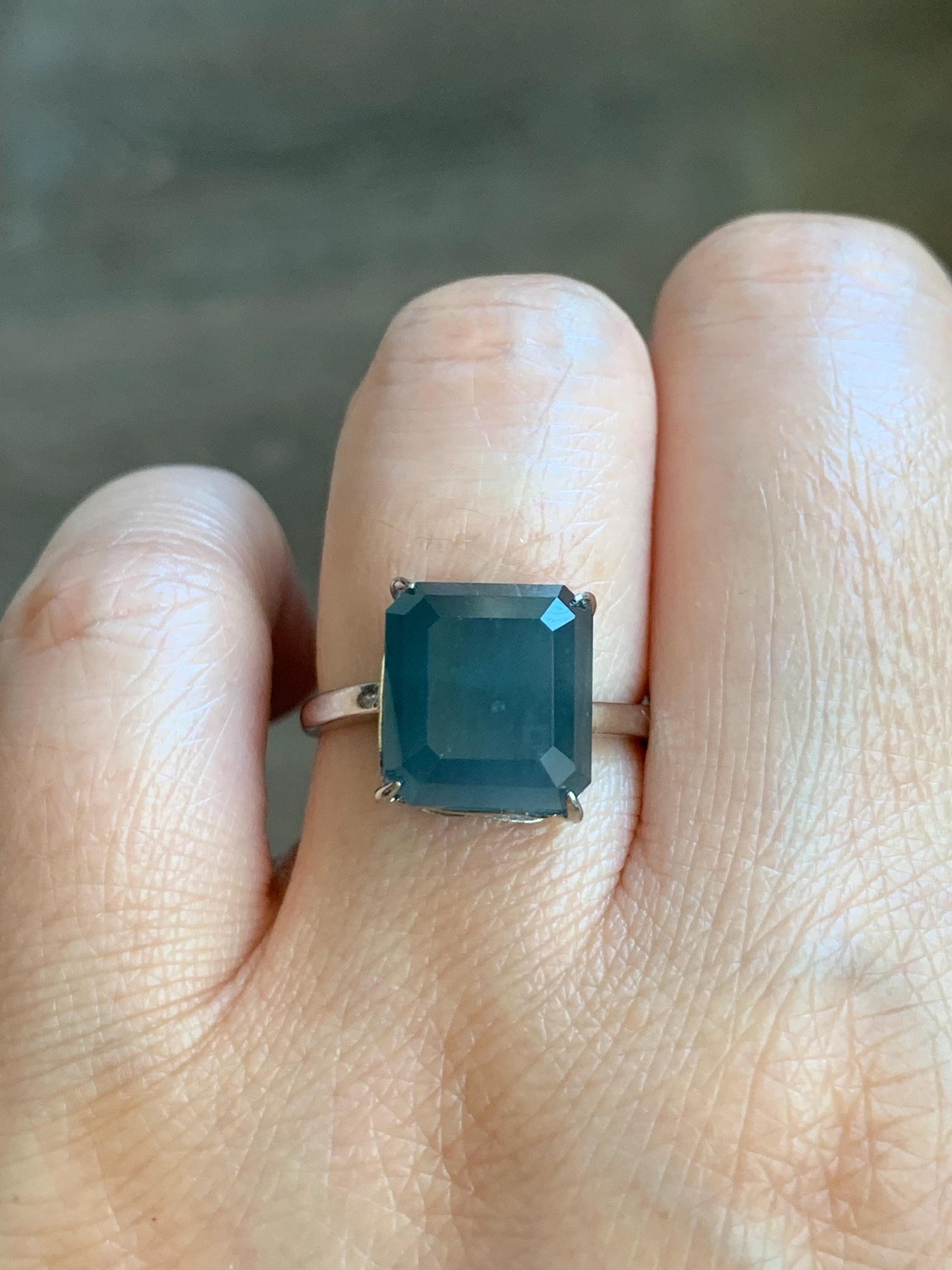 Large Natural Guatemalan Icy Translucent Dark Dusty Blue Jadeite Faceted Emerald Cut Ring Sterling Silver Adjustable 天然冰危深蓝切割面翡翠银镶戒指 WQG80B