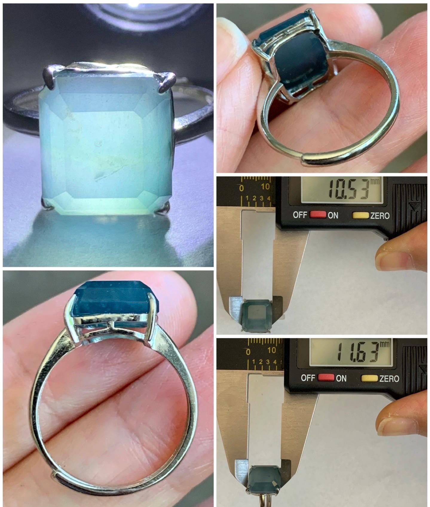 Large Natural Guatemalan Icy Translucent Dark Dusty Blue Jadeite Faceted Emerald Cut Ring Sterling Silver Adjustable 天然冰危深蓝切割面翡翠银镶戒指 WQG80B