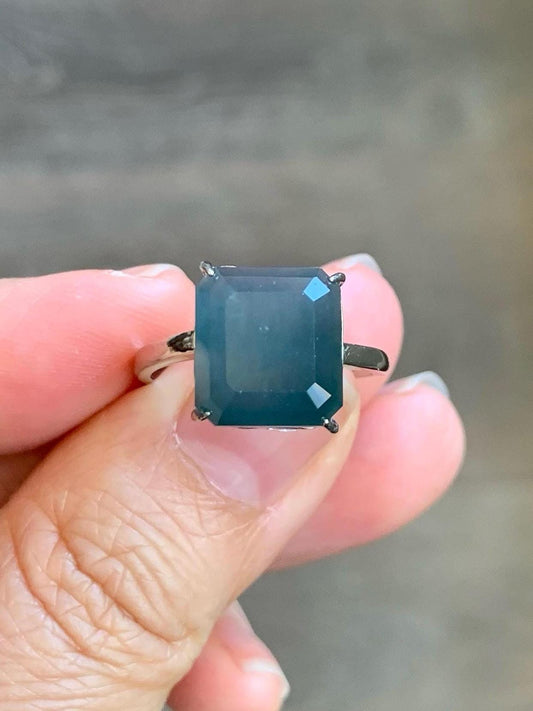 Large Natural Guatemalan Icy Translucent Dark Dusty Blue Jadeite Faceted Emerald Cut Ring Sterling Silver Adjustable 天然冰危深蓝切割面翡翠银镶戒指 WQG80B
