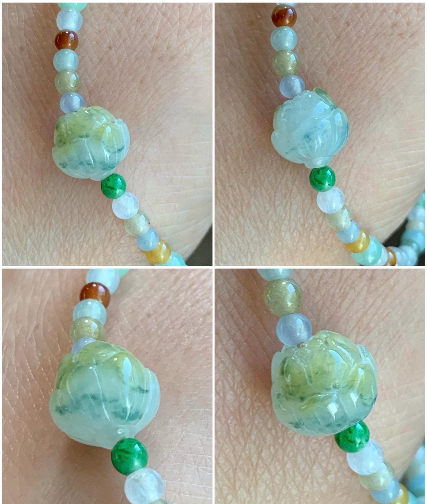 Natural Burmese Icy Translucent Multicolored Jadeite Petite Beads Carved Lotus Flower Bead Beaded Bracelet 6.75”-8.75” 天然缅甸冰透多宝翡翠小珠三色莲花珠手串