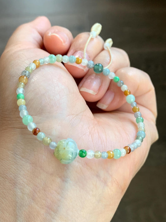 Natural Burmese Icy Translucent Multicolored Jadeite Petite Beads Carved Lotus Flower Bead Beaded Bracelet 6.75”-8.75” 天然缅甸冰透多宝翡翠小珠三色莲花珠手串