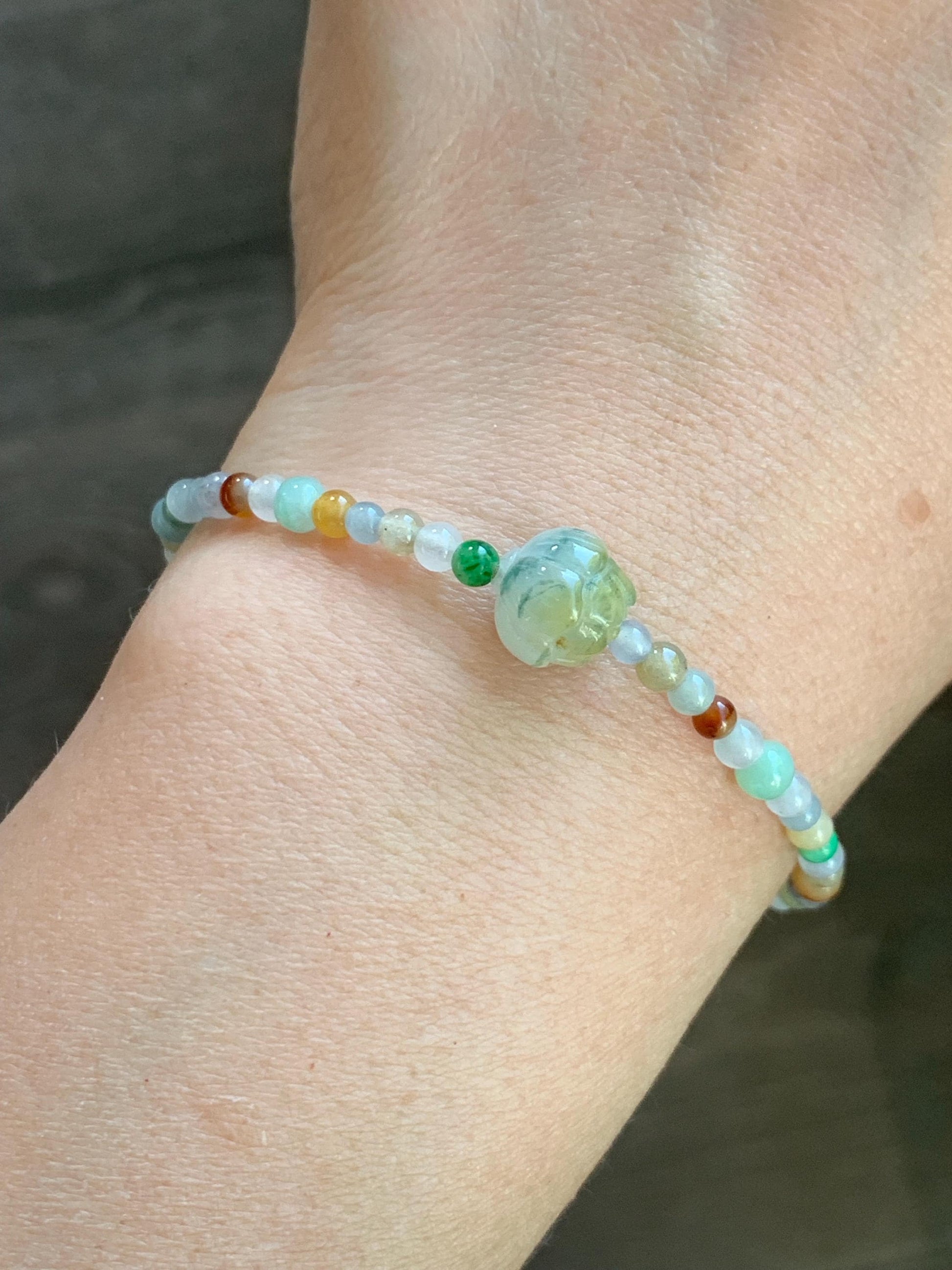 Natural Burmese Icy Translucent Multicolored Jadeite Petite Beads Carved Lotus Flower Bead Beaded Bracelet 6.75”-8.75” 天然缅甸冰透多宝翡翠小珠三色莲花珠手串