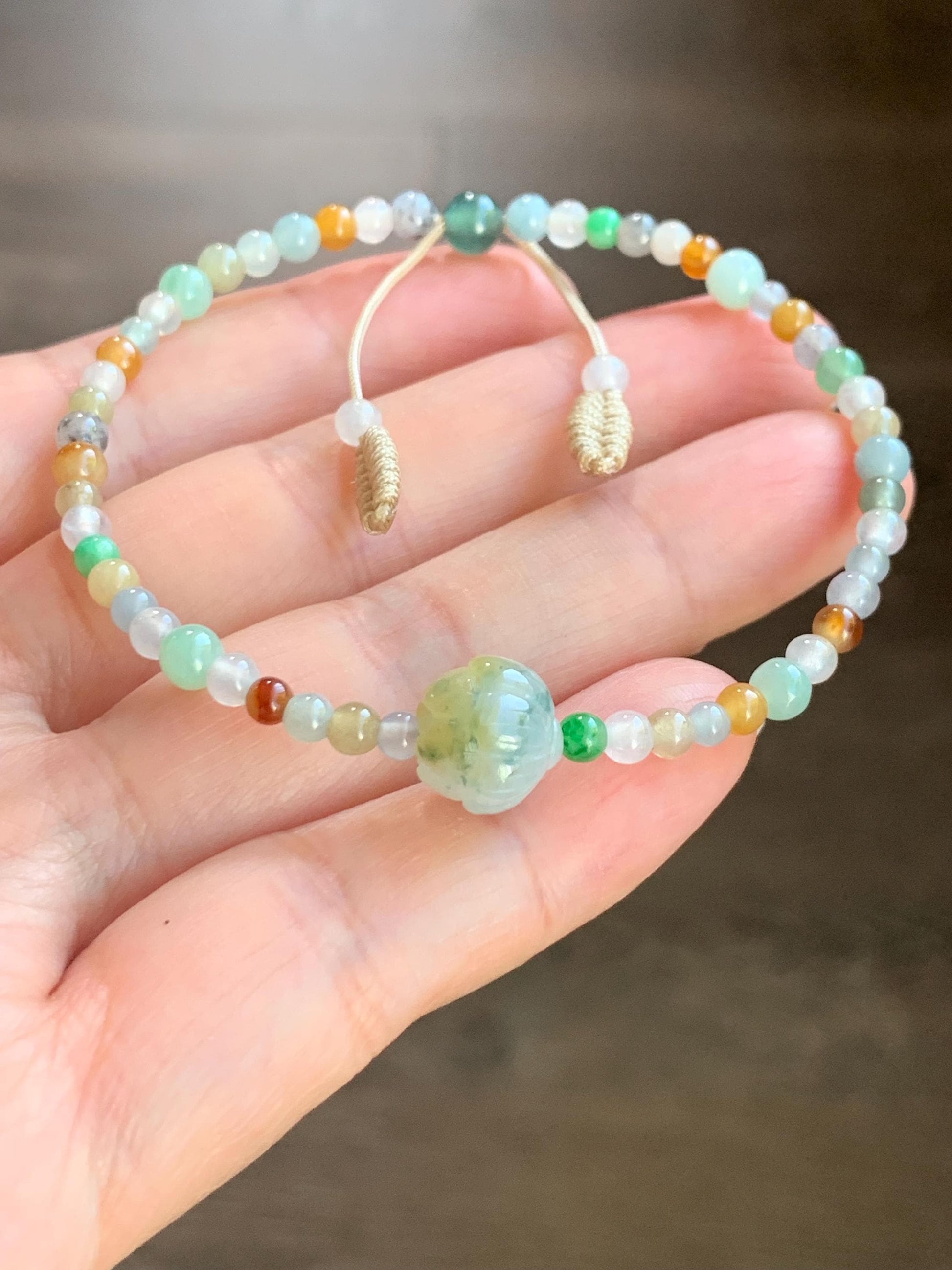 Natural Burmese Icy Translucent Multicolored Jadeite Petite Beads Carved Lotus Flower Bead Beaded Bracelet 6.75”-8.75” 天然缅甸冰透多宝翡翠小珠三色莲花珠手串