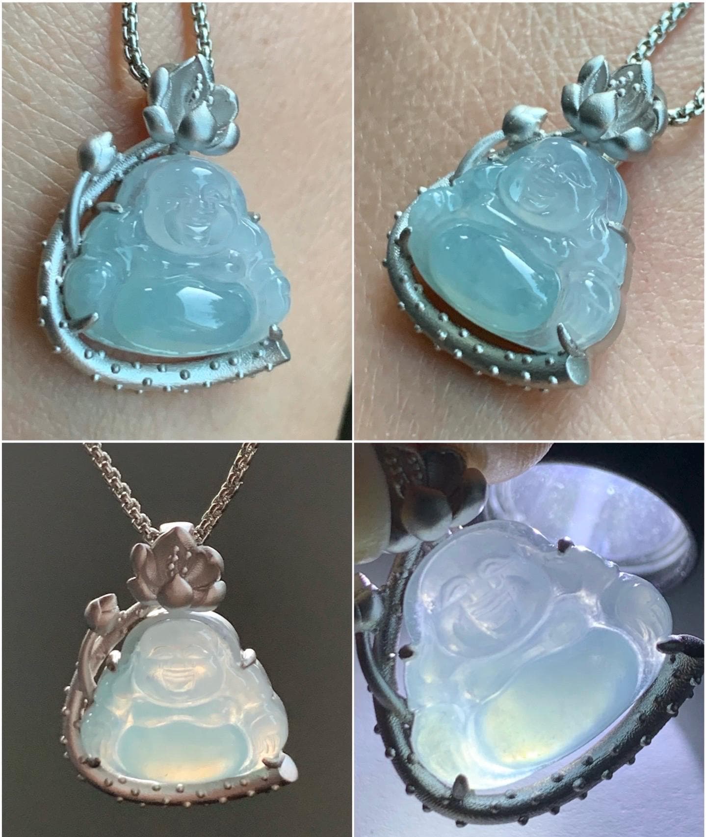 Certified Natural Burmese Icy Translucent Gelatinous White Sky Blue Marbled Jadeite Buddha Pendant Sterling Silver 天然缅甸老种冰胶天空蓝翡翠佛公镶嵌吊坠 8614