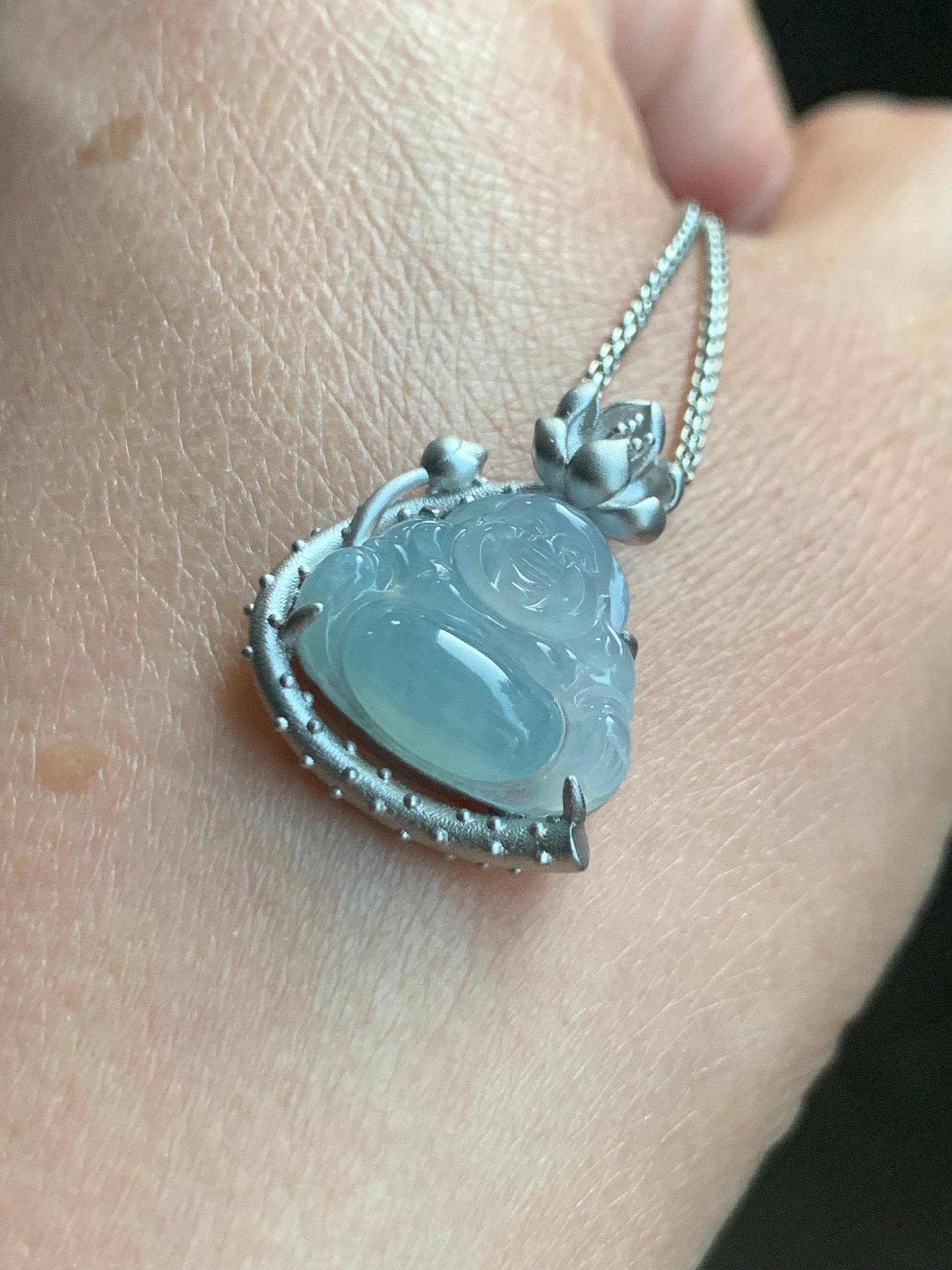 Certified Natural Burmese Icy Translucent Gelatinous White Sky Blue Marbled Jadeite Buddha Pendant Sterling Silver 天然缅甸老种冰胶天空蓝翡翠佛公镶嵌吊坠 8614