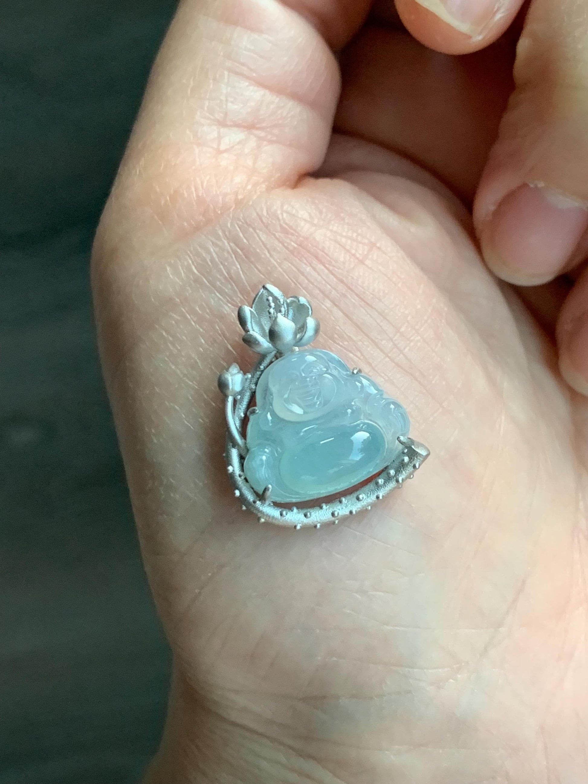 Certified Natural Burmese Icy Translucent Gelatinous White Sky Blue Marbled Jadeite Buddha Pendant Sterling Silver 天然缅甸老种冰胶天空蓝翡翠佛公镶嵌吊坠 8614