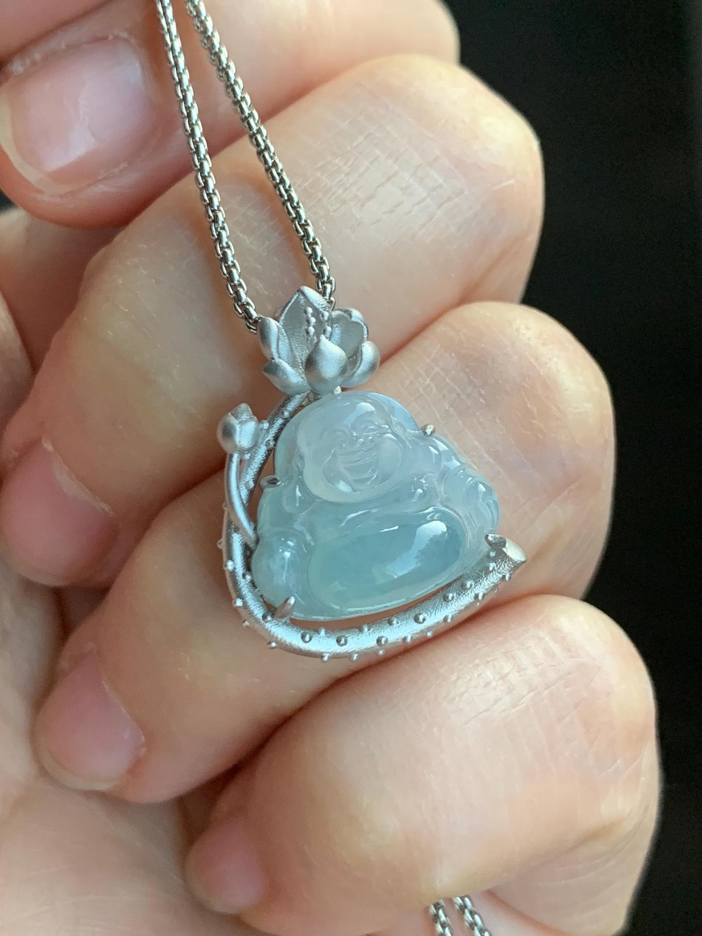 Certified Natural Burmese Icy Translucent Gelatinous White Sky Blue Marbled Jadeite Buddha Pendant Sterling Silver 天然缅甸老种冰胶天空蓝翡翠佛公镶嵌吊坠 8614