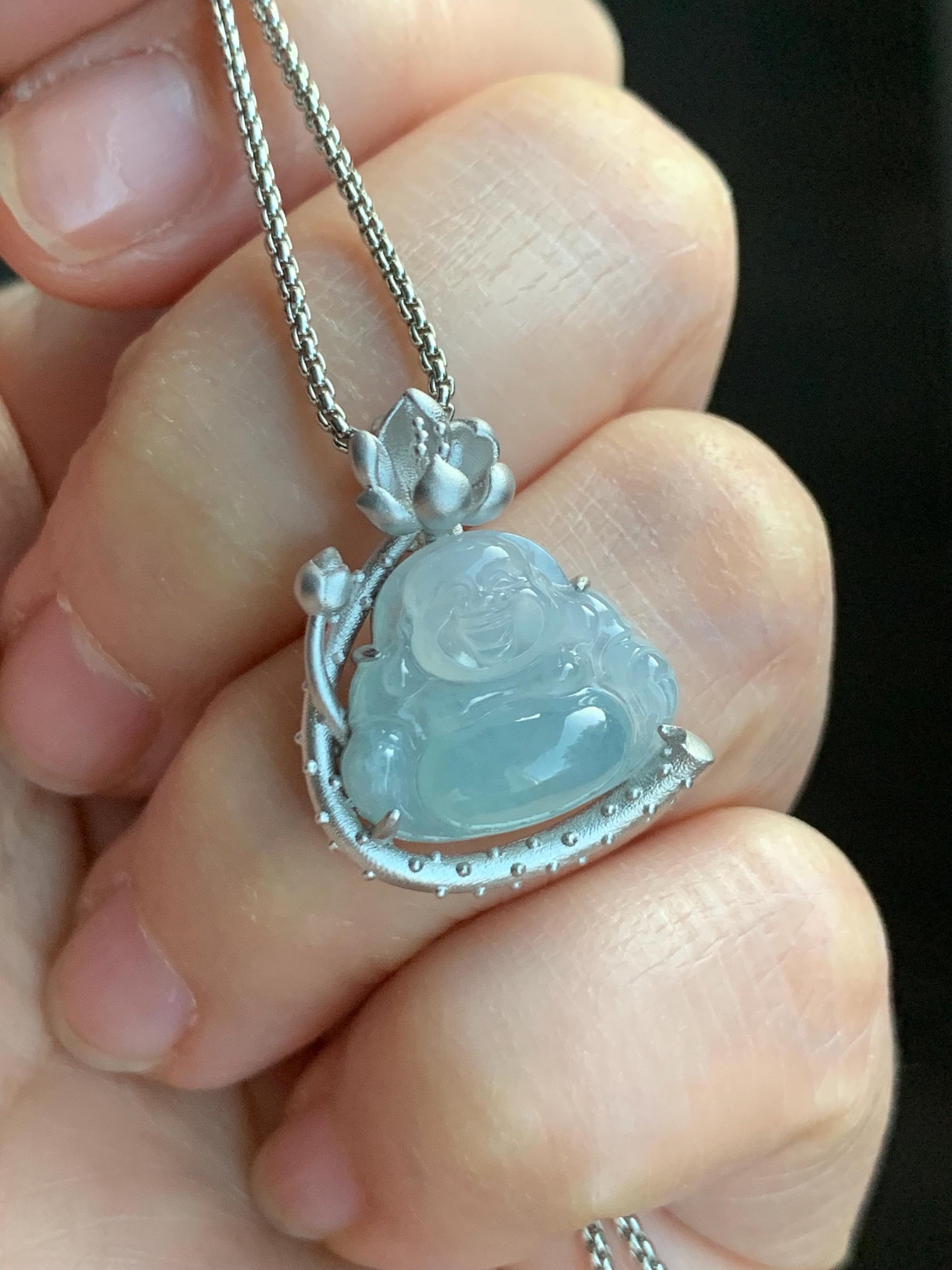 Certified Natural Burmese Icy Translucent Gelatinous White Sky Blue Marbled Jadeite Buddha Pendant Sterling Silver 天然缅甸老种冰胶天空蓝翡翠佛公镶嵌吊坠 8614