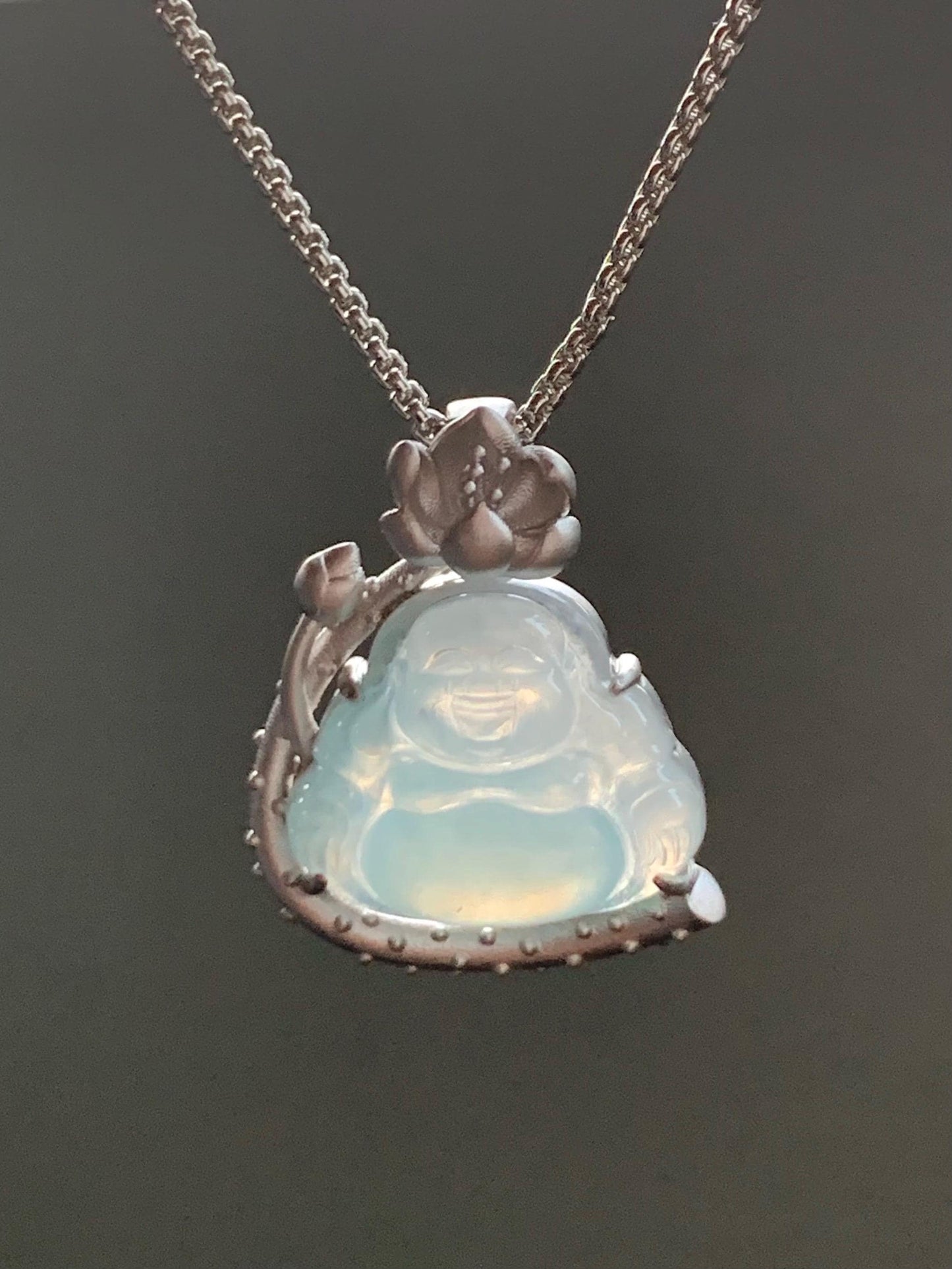 Certified Natural Burmese Icy Translucent Gelatinous White Sky Blue Marbled Jadeite Buddha Pendant Sterling Silver 天然缅甸老种冰胶天空蓝翡翠佛公镶嵌吊坠 8614
