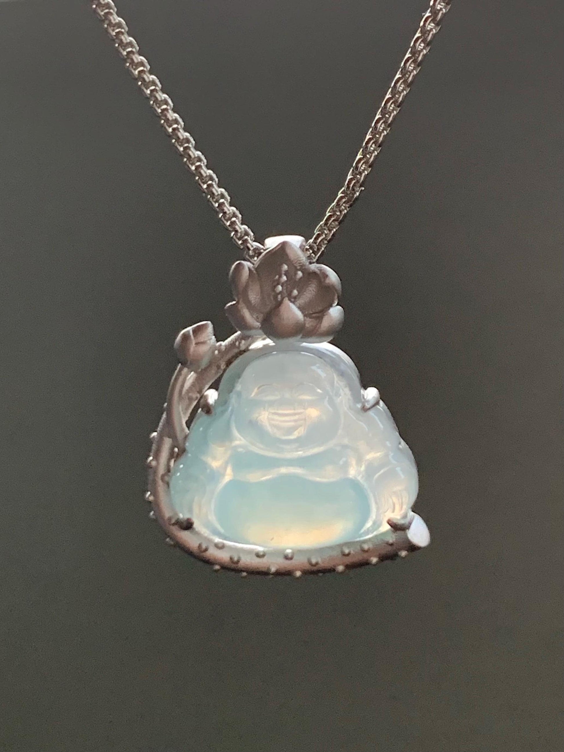 Certified Natural Burmese Icy Translucent Gelatinous White Sky Blue Marbled Jadeite Buddha Pendant Sterling Silver 天然缅甸老种冰胶天空蓝翡翠佛公镶嵌吊坠 8614