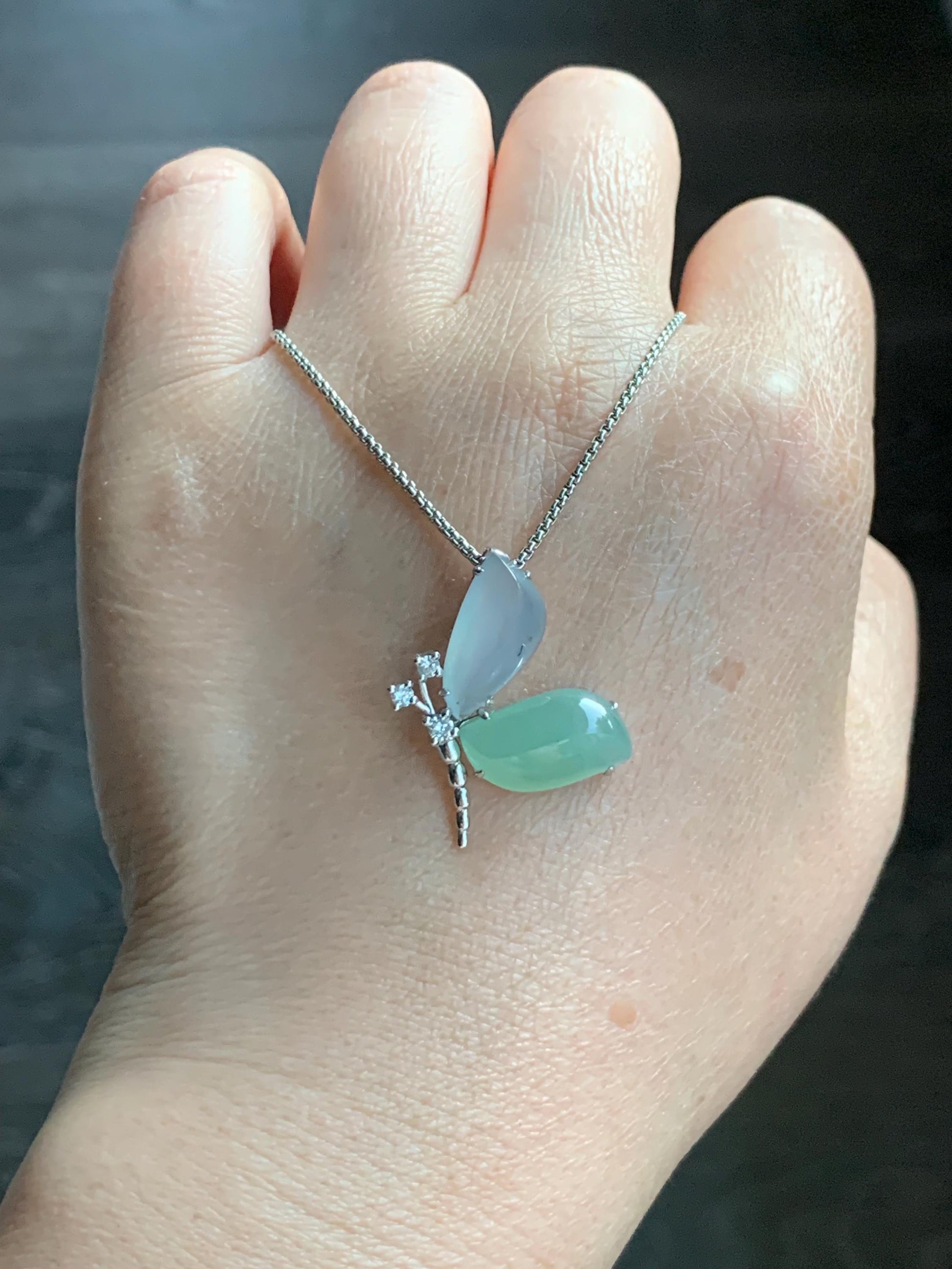 Certified Natural Burmese Icy Translucent White Jadeite Butterfly Pendant 18K White Gold & Natural Diamonds 0.11ct 天然缅甸白冰加晴绿翡翠蝴蝶钻石镶嵌吊坠 8634
