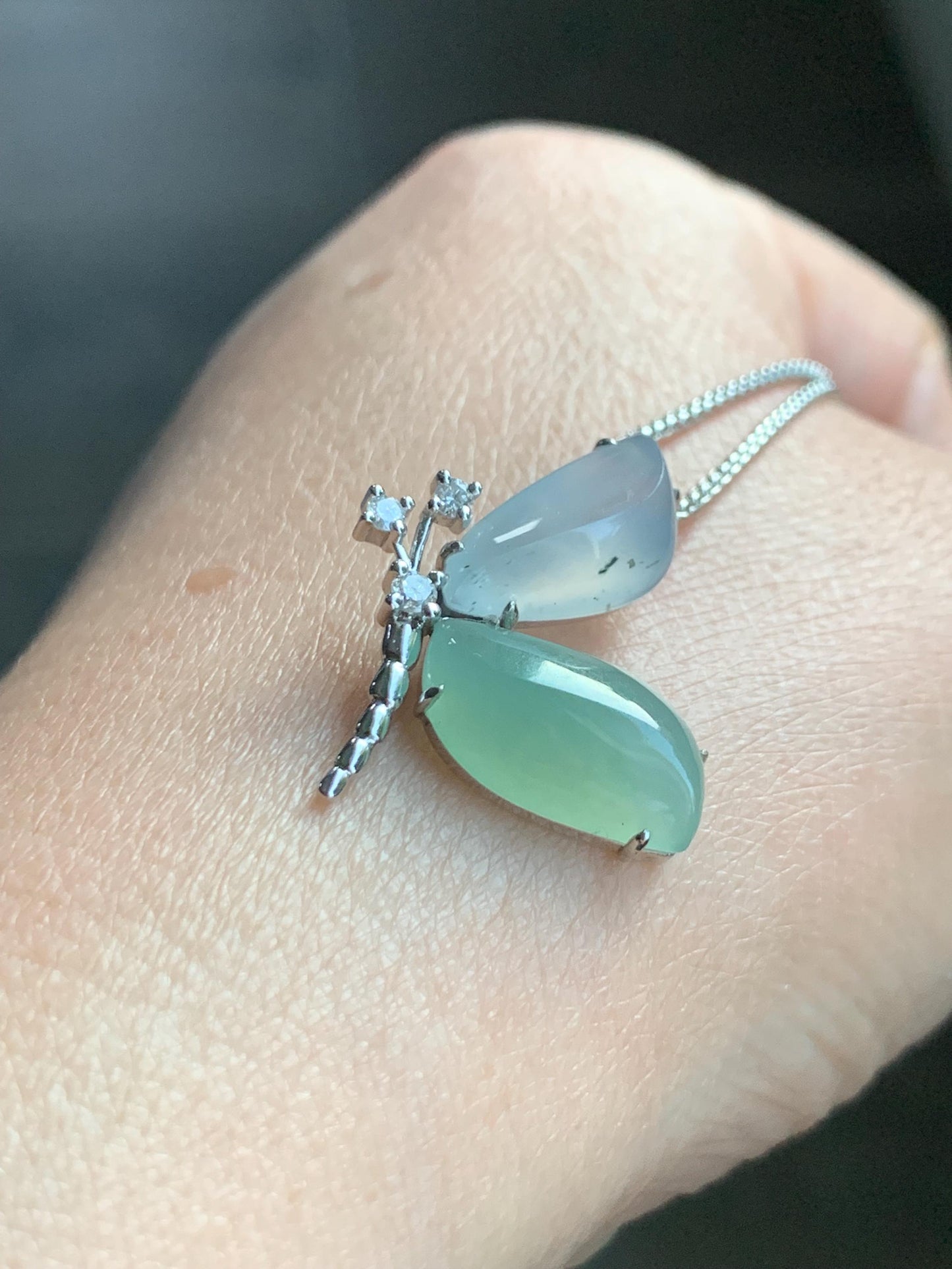 Certified Natural Burmese Icy Translucent White Jadeite Butterfly Pendant 18K White Gold & Natural Diamonds 0.11ct 天然缅甸白冰加晴绿翡翠蝴蝶钻石镶嵌吊坠 8634