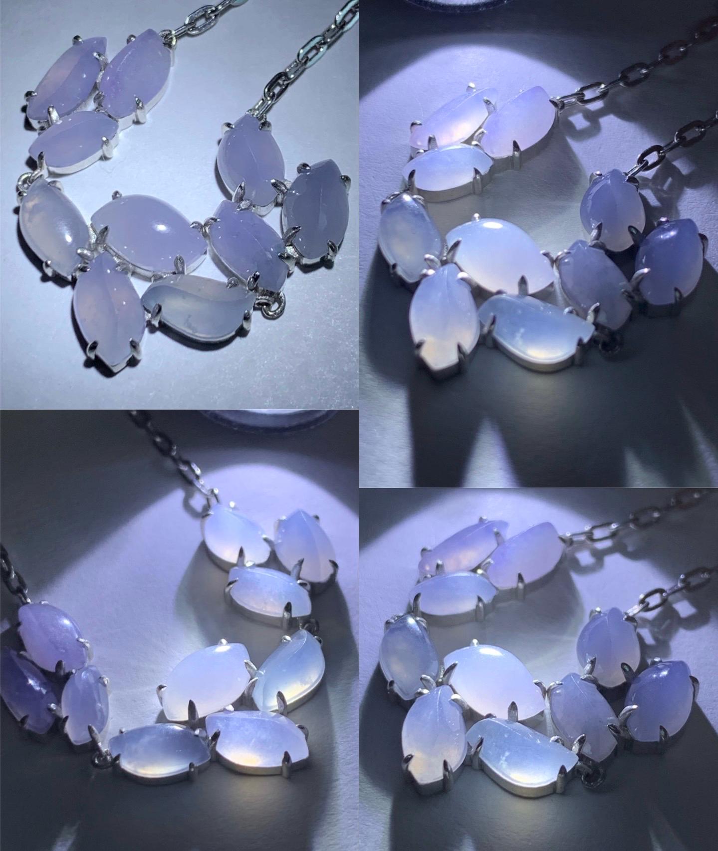 Certified Natural Burmese Icy Translucent Gelatinous Light Purple Jadeite Cluster Necklace Sterling Silver 16.5”-17.5” 天然缅甸冰胶淡紫翡翠马眼锁骨链 8623