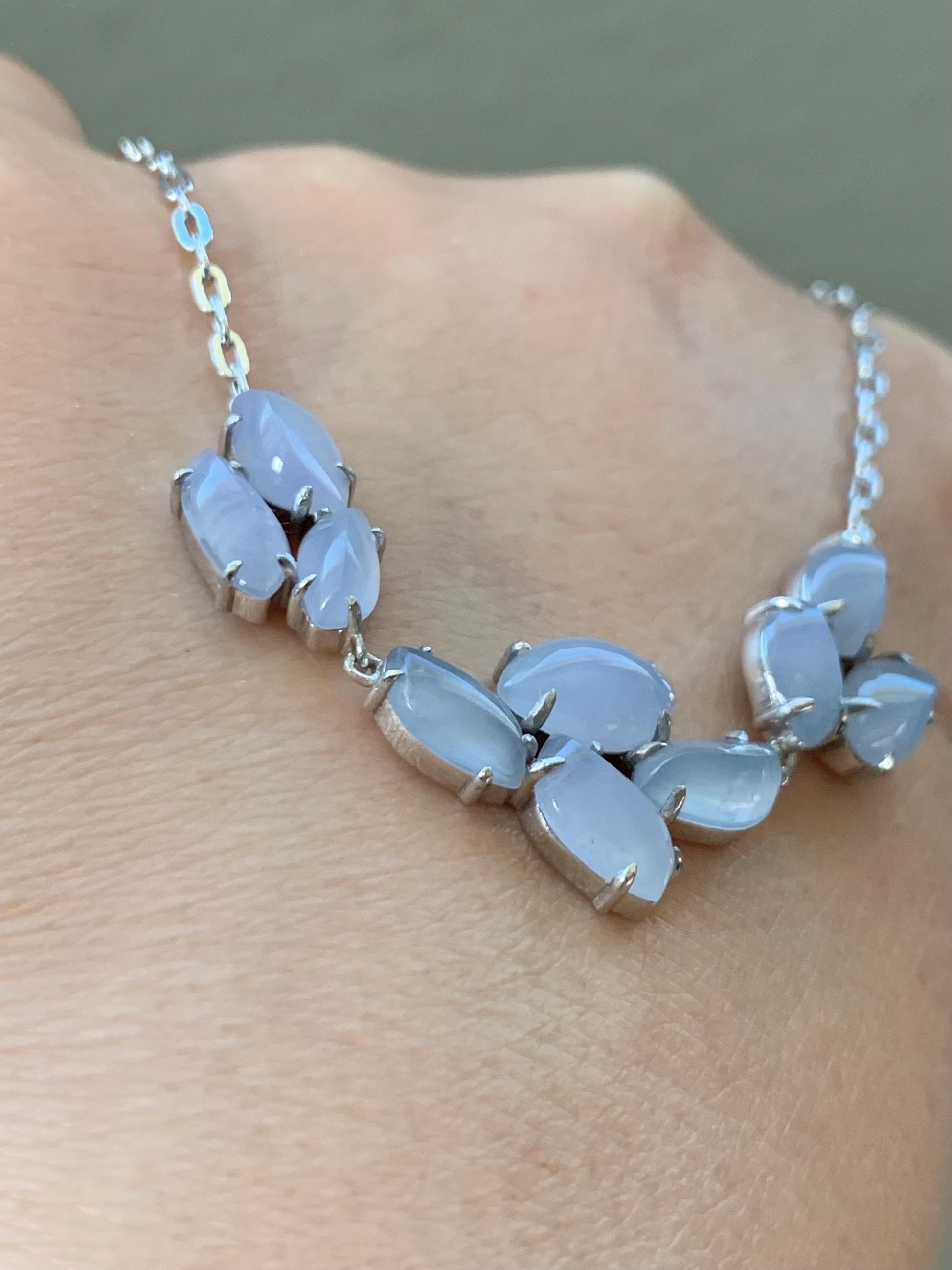Certified Natural Burmese Icy Translucent Gelatinous Light Purple Jadeite Cluster Necklace Sterling Silver 16.5”-17.5” 天然缅甸冰胶淡紫翡翠马眼锁骨链 8623