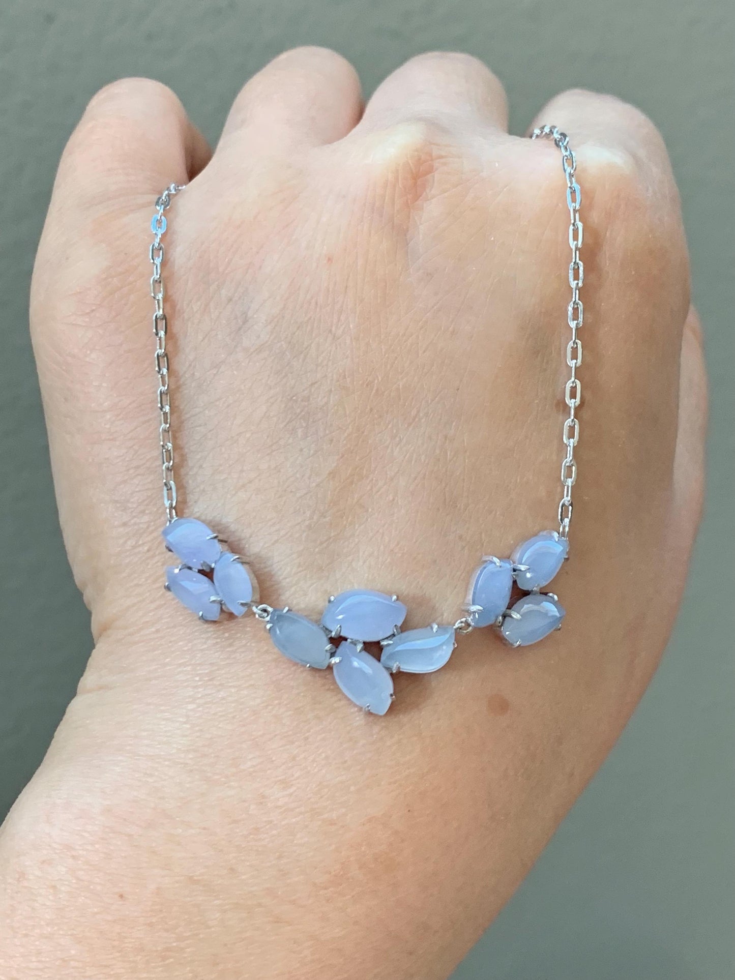 Certified Natural Burmese Icy Translucent Gelatinous Light Purple Jadeite Cluster Necklace Sterling Silver 16.5”-17.5” 天然缅甸冰胶淡紫翡翠马眼锁骨链 8623