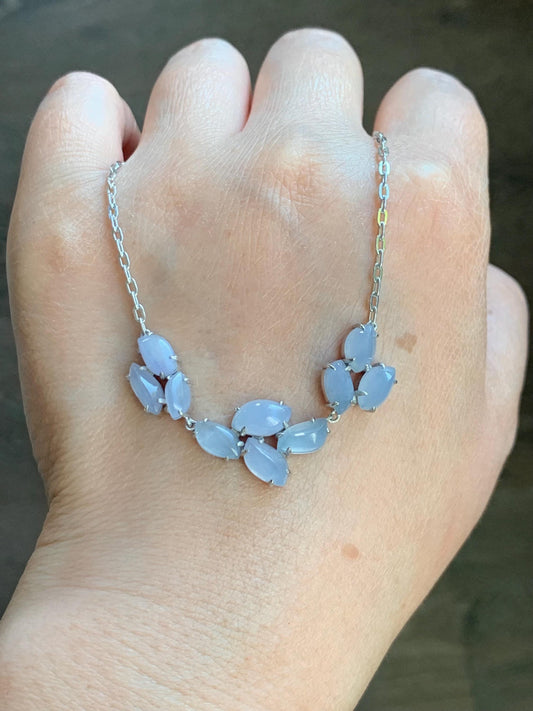 Certified Natural Burmese Icy Translucent Gelatinous Light Purple Jadeite Cluster Necklace Sterling Silver 16.5”-17.5” 天然缅甸冰胶淡紫翡翠马眼锁骨链 8623