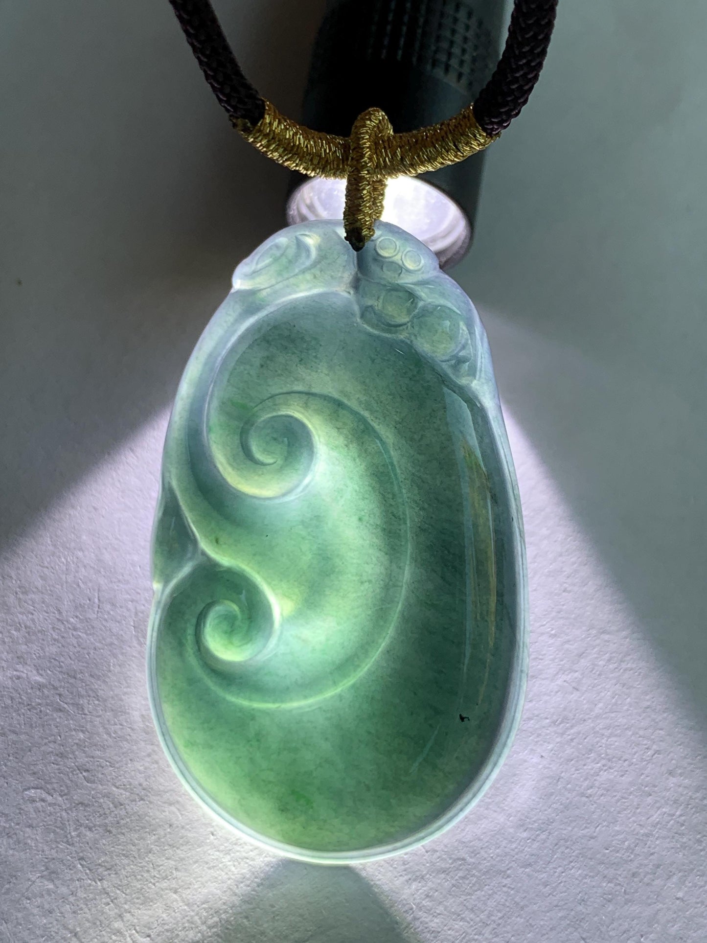 Large Natural Guatemalan Icy Translucent Dark Teal Blue Jadeite Carved Ruyi Pendant Rope Necklace 28" Adjustable 15g 天然冰危湖水蓝翡翠如意吊坠 JSH