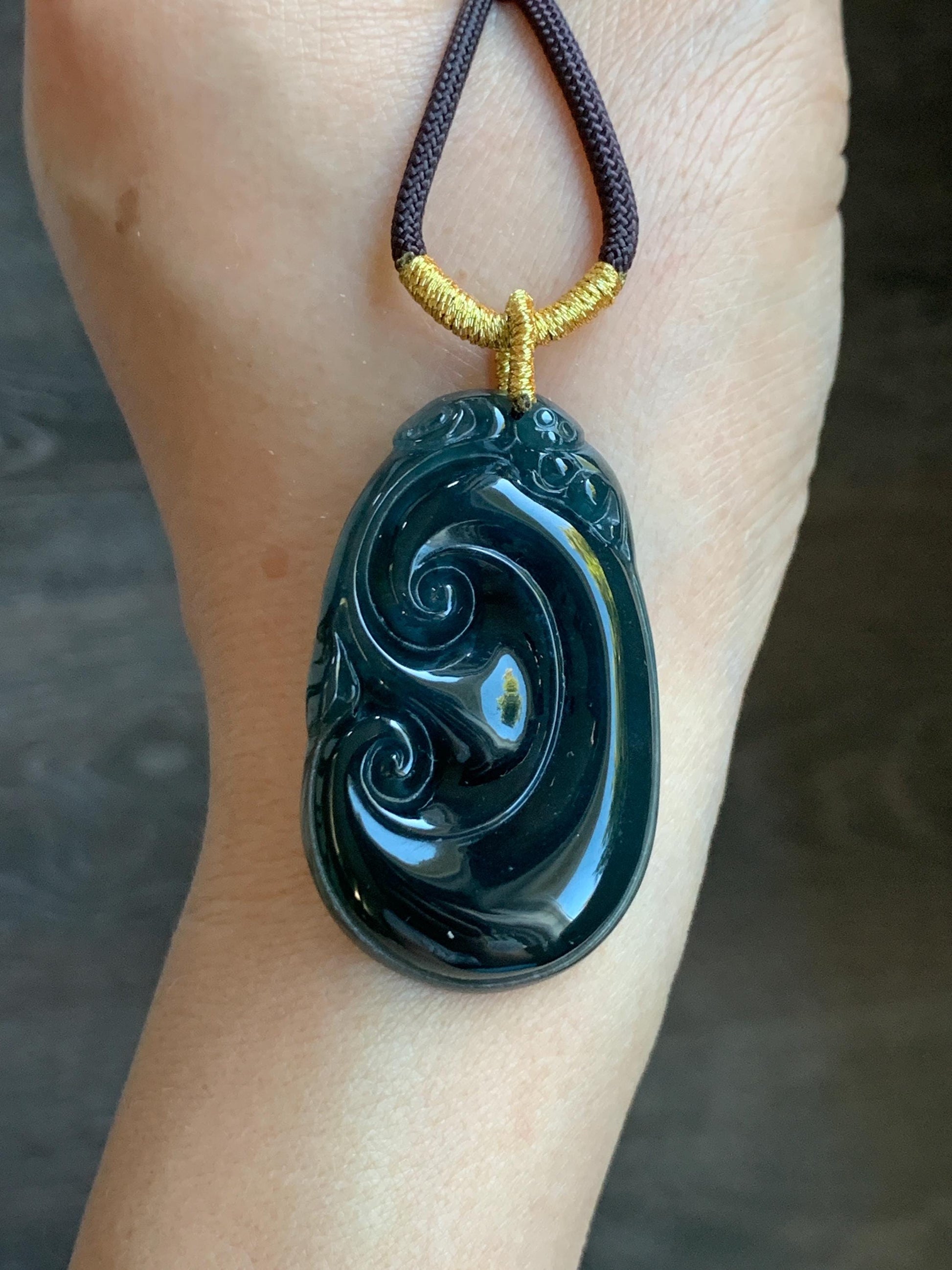 Large Natural Guatemalan Icy Translucent Dark Teal Blue Jadeite Carved Ruyi Pendant Rope Necklace 28" Adjustable 15g 天然冰危湖水蓝翡翠如意吊坠 JSH