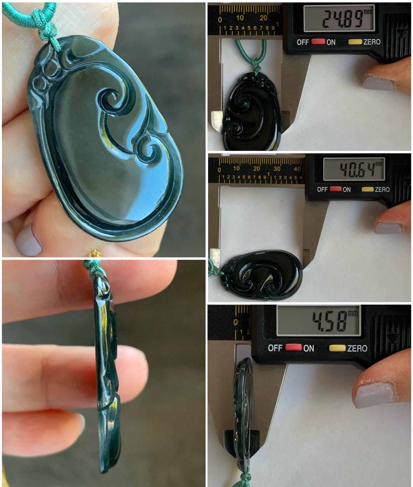 Natural Guatemalan Icy Translucent Dark Dusty Teal Green Jadeite Carved Ruyi Pendant Rope Necklace 24” Adjustable 9g 天然冰危深墨绿翡翠如意吊坠 HSH