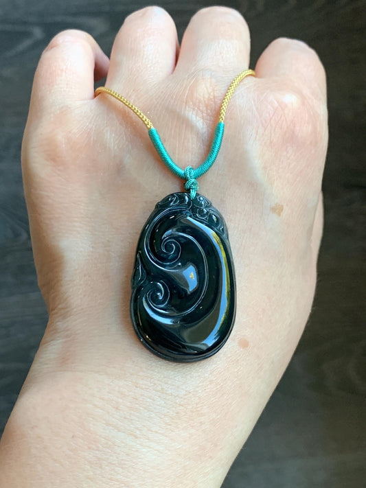 Natural Guatemalan Icy Translucent Dark Dusty Teal Green Jadeite Carved Ruyi Pendant Rope Necklace 24” Adjustable 9g 天然冰危深墨绿翡翠如意吊坠 HSH