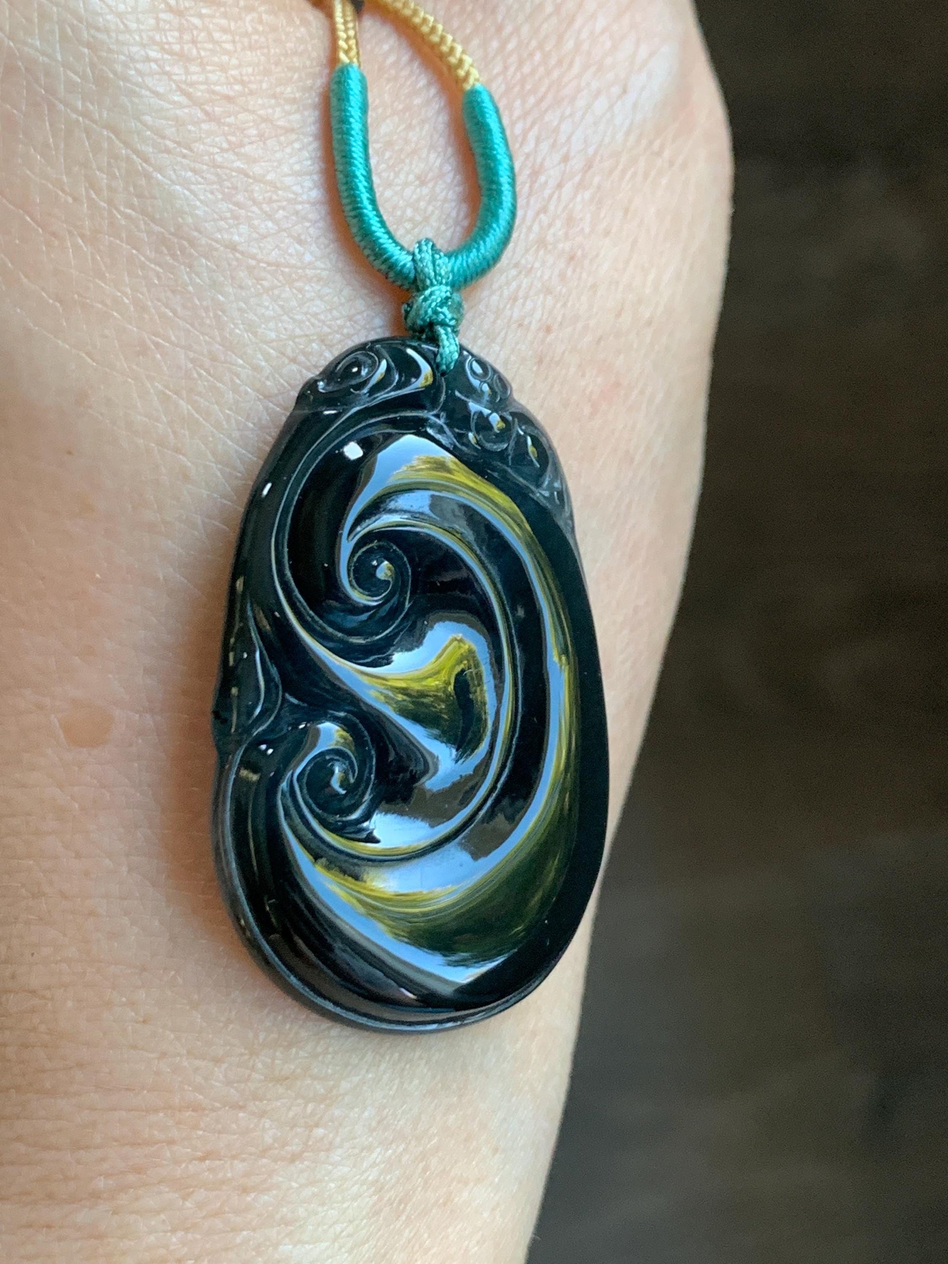 Natural Guatemalan Icy Translucent Dark Dusty Teal Green Jadeite Carved Ruyi Pendant Rope Necklace 24” Adjustable 9g 天然冰危深墨绿翡翠如意吊坠 HSH