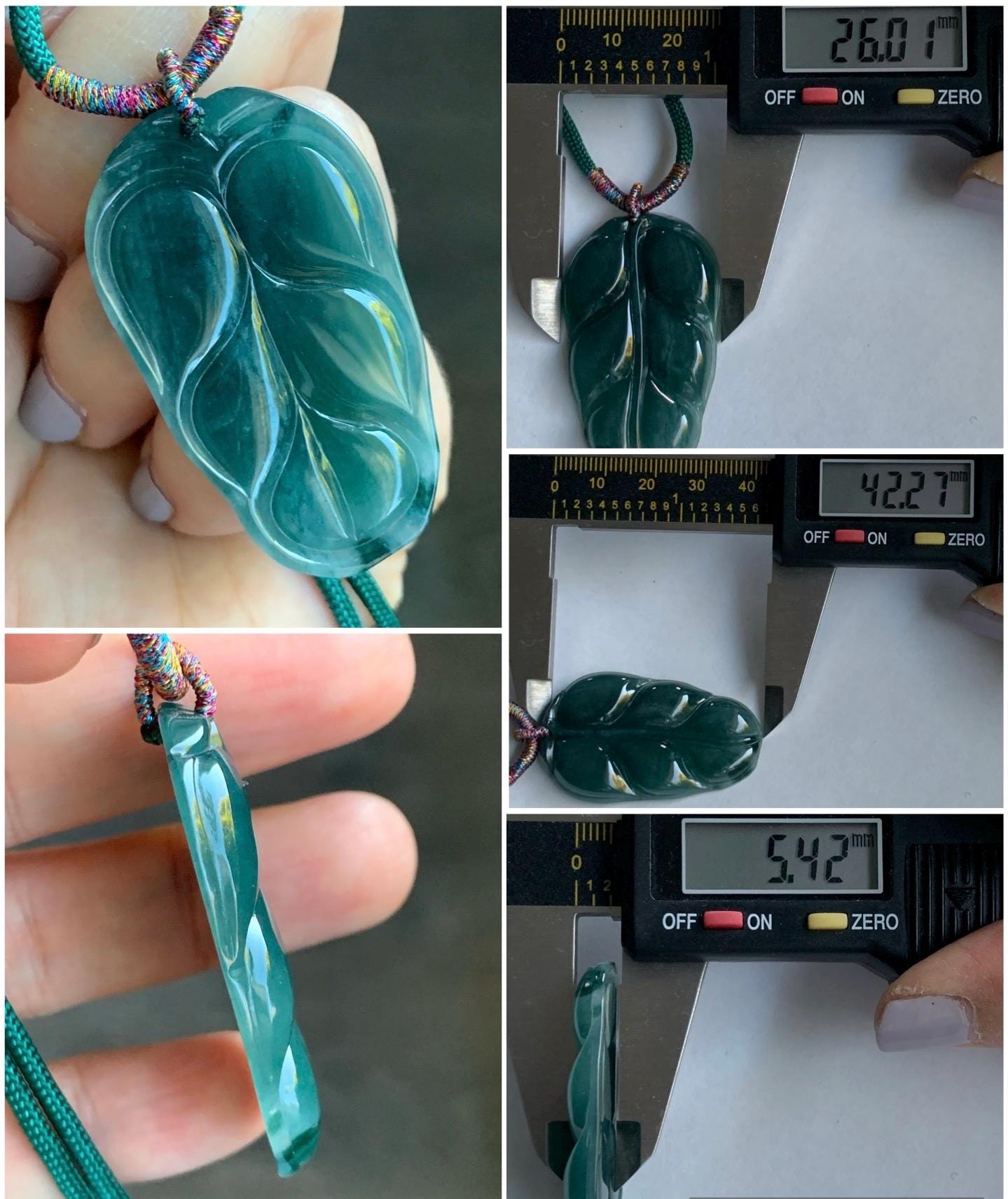 Natural Guatemalan Grade A Icy Translucent Dark Teal Green Jadeite Carved Leaf Pendant Rope Necklace 28” 12g Adjustable 天然冰危深湖水绿翡翠大叶有成吊坠 XY